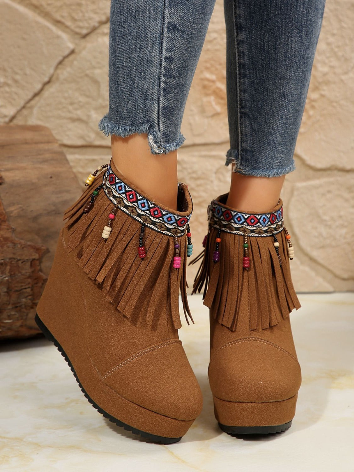 Fringe Suede Wedge Boots-BOOTS-[Adult]-[Female]-2022 Online Blue Zone Planet