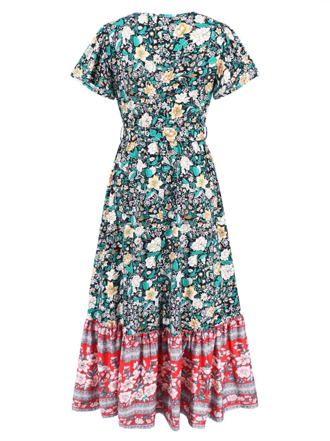 Tied Printed V-Neck Short Sleeve Dress-TOPS / DRESSES-[Adult]-[Female]-2022 Online Blue Zone Planet