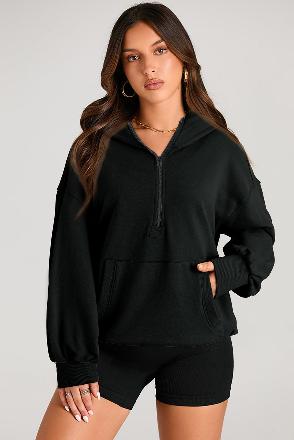 Pocketed Half Zip Long Sleeve Hoodie-HOODIES-[Adult]-[Female]-2022 Online Blue Zone Planet