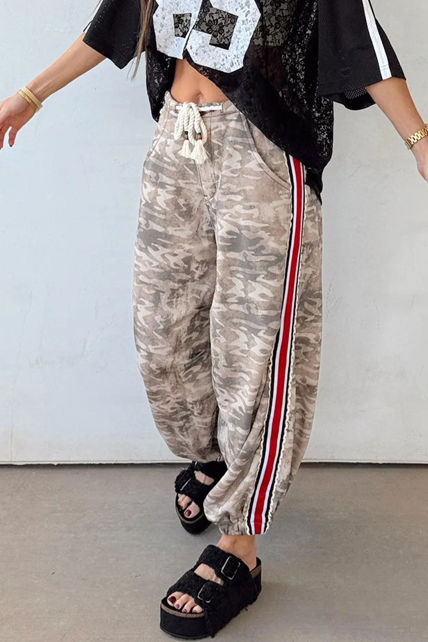Khaki Camouflage Print Striped Side Panel Patchwork Drawstring Pants-Bottoms/Pants & Culotte-[Adult]-[Female]-2022 Online Blue Zone Planet