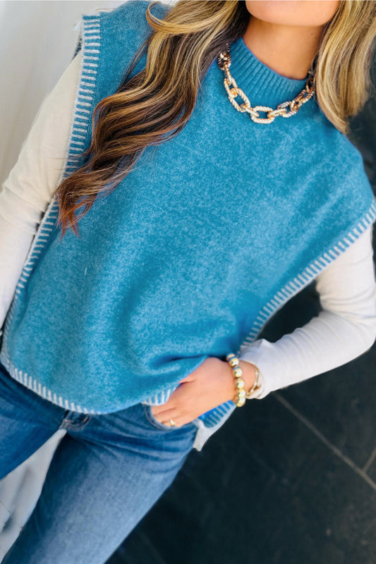 Blue Contrast Stitch Trim Knot Side Mock Neck Sweater Vest-Sweaters & Cardigans/Sweater Vests-[Adult]-[Female]-Blue-S-2022 Online Blue Zone Planet