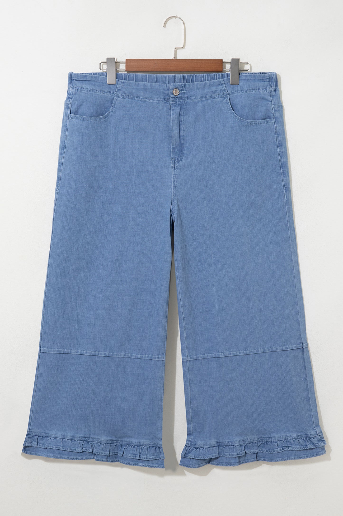 Light Blue Ruffle Hem Wide Leg Full Length Plus Size Jeans-Plus Size/Plus Size Bottoms-[Adult]-[Female]-2022 Online Blue Zone Planet