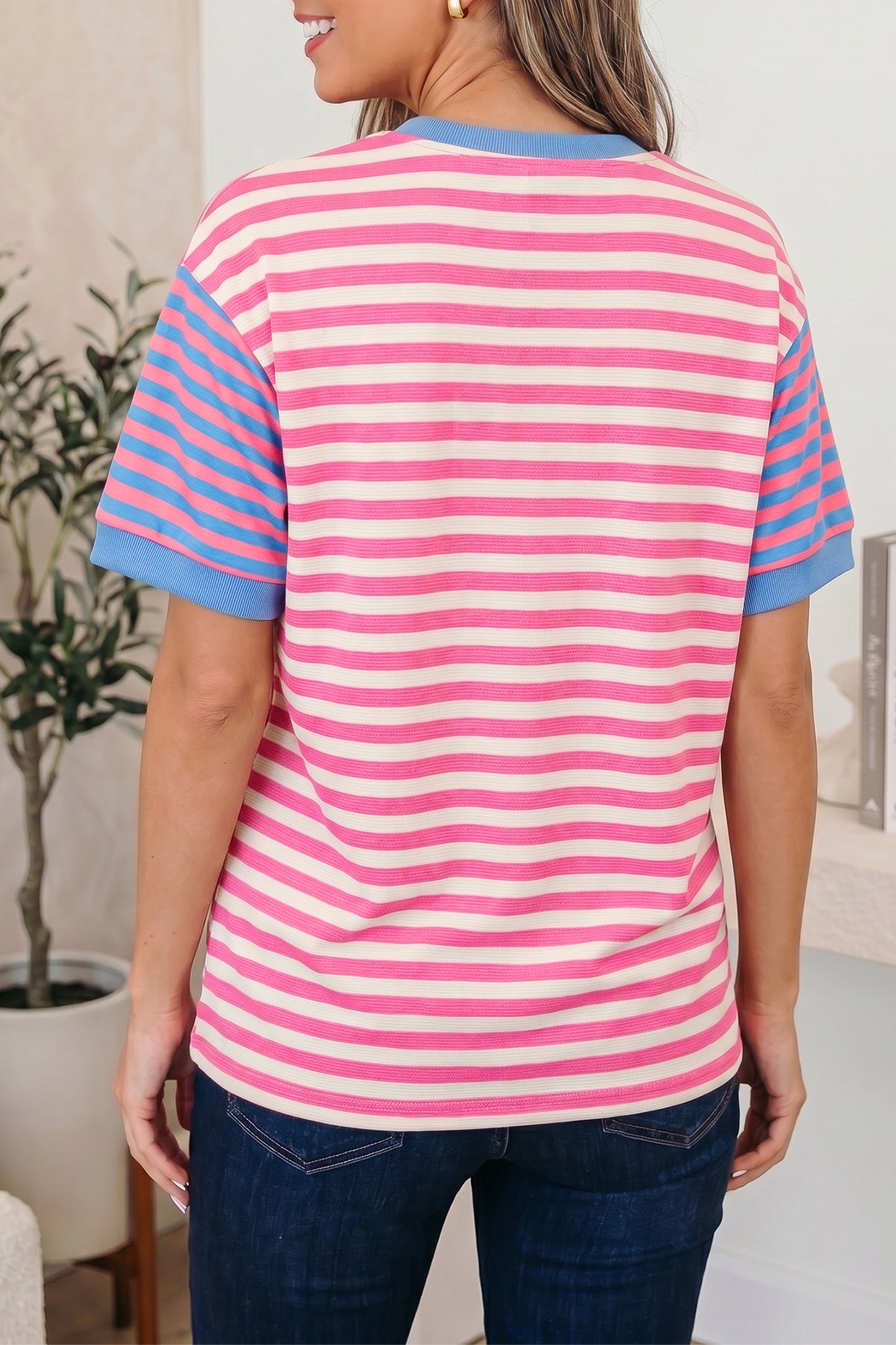 Pink Stripe Contrast Patchwork Short Sleeve Loose Tee-Tops/Tops & Tees-[Adult]-[Female]-2022 Online Blue Zone Planet
