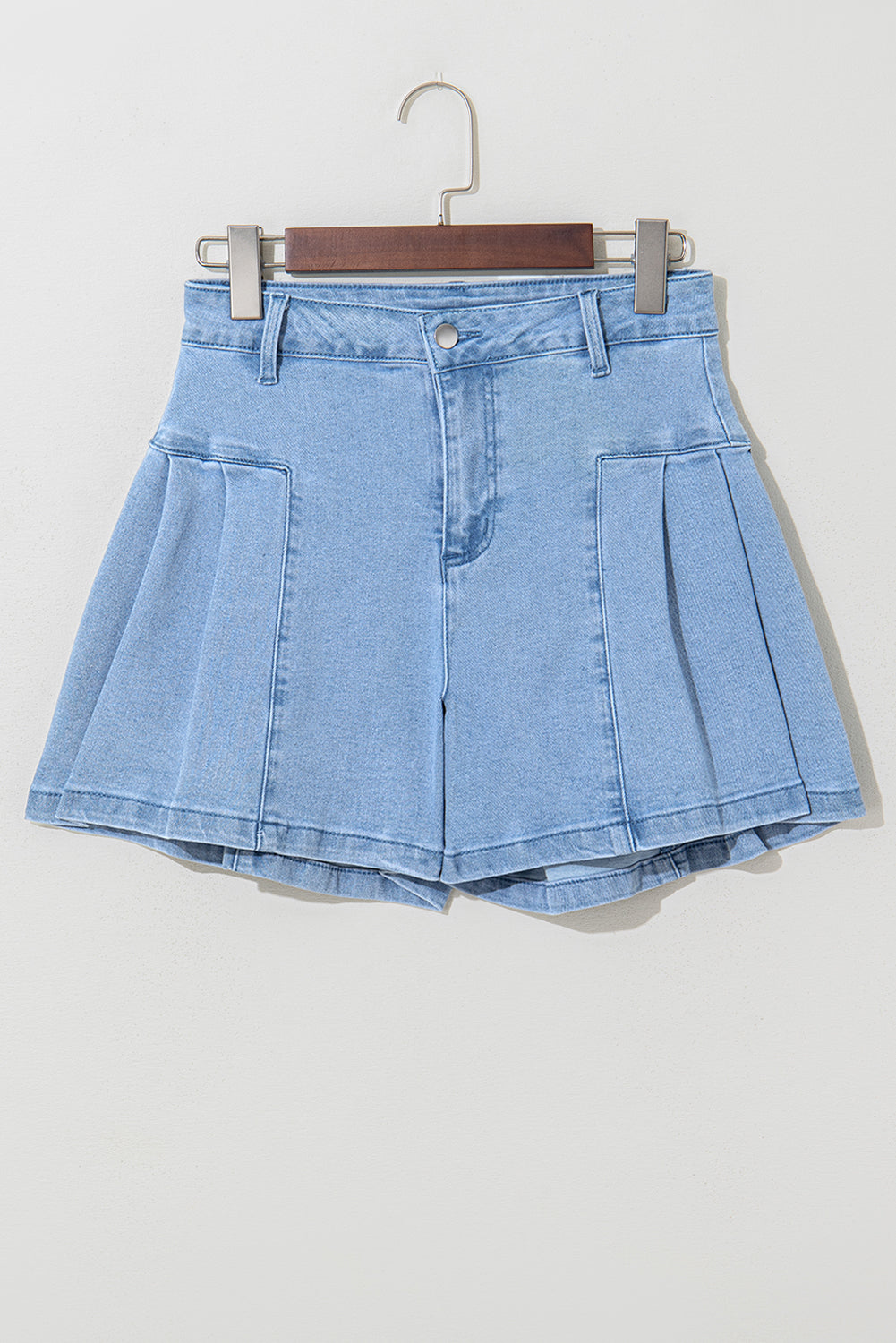 Dusk Blue Pleated Patchwork Wide Leg Lightweight Denim Shorts-Bottoms/Denim Shorts-[Adult]-[Female]-2022 Online Blue Zone Planet