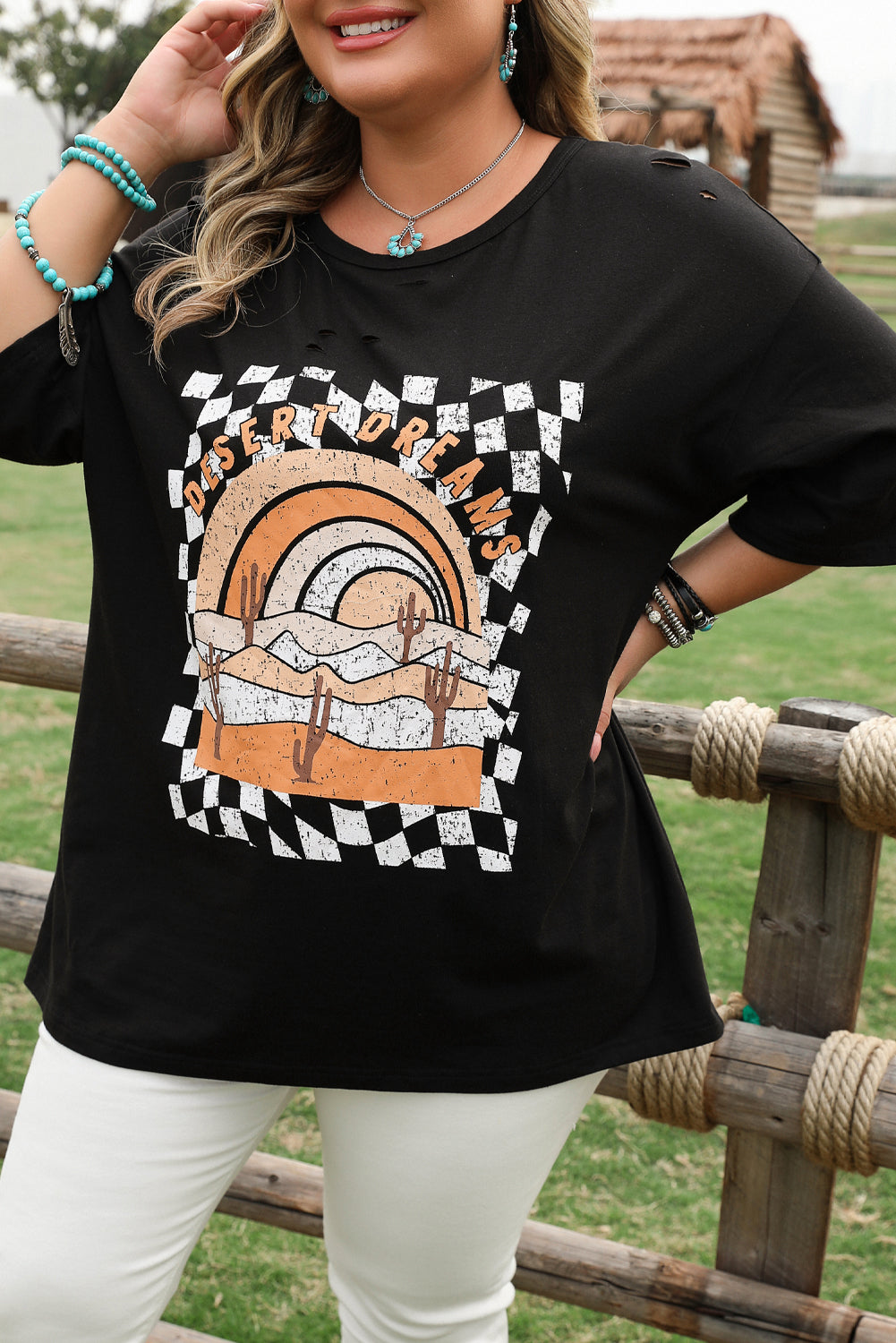 Black Checkerd Desert Dreams Printed Ripped Plus Size Tee-Plus Size/Plus Size Tops/Plus Size Tops & Tees-[Adult]-[Female]-2022 Online Blue Zone Planet