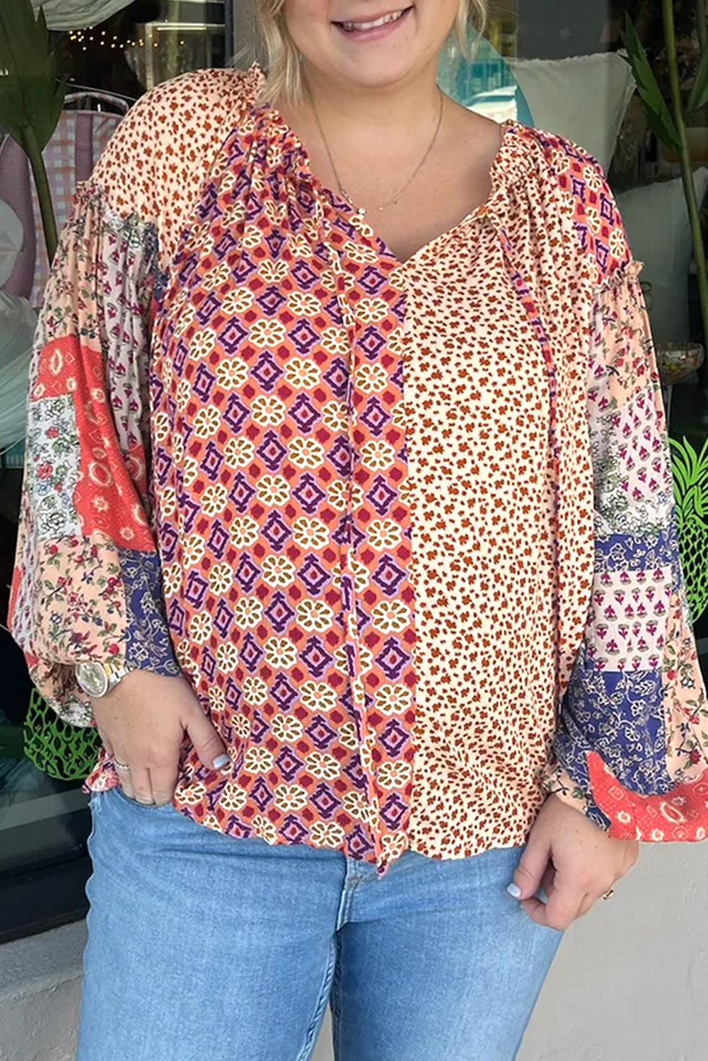 Blue Zone Planet | Orange Floral Geometric Patchwork Lace-up Plus Size Blouse-Plus Size Tops-[Adult]-[Female]-2022 Online Blue Zone Planet