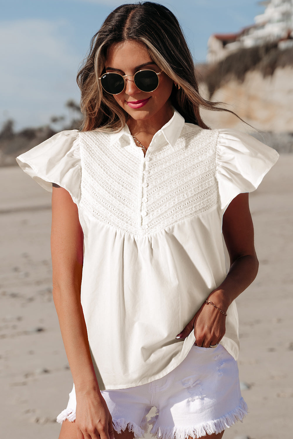White Half Button Lace Patchwork Flutter Sleeve Blouse-Tops/Blouses & Shirts-[Adult]-[Female]-2022 Online Blue Zone Planet