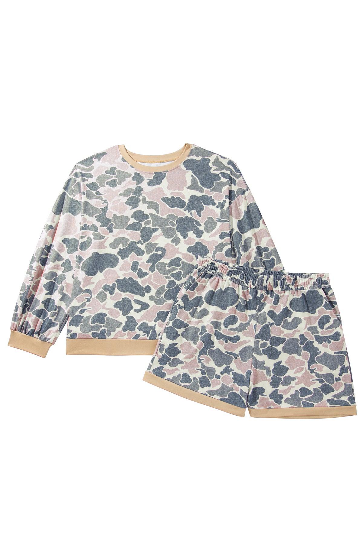 Multicolour Camouflage Print Round Neck Drop Shoulder Pullover Plus Size Shorts Set-Plus Size/Plus Size Loungewear-[Adult]-[Female]-2022 Online Blue Zone Planet