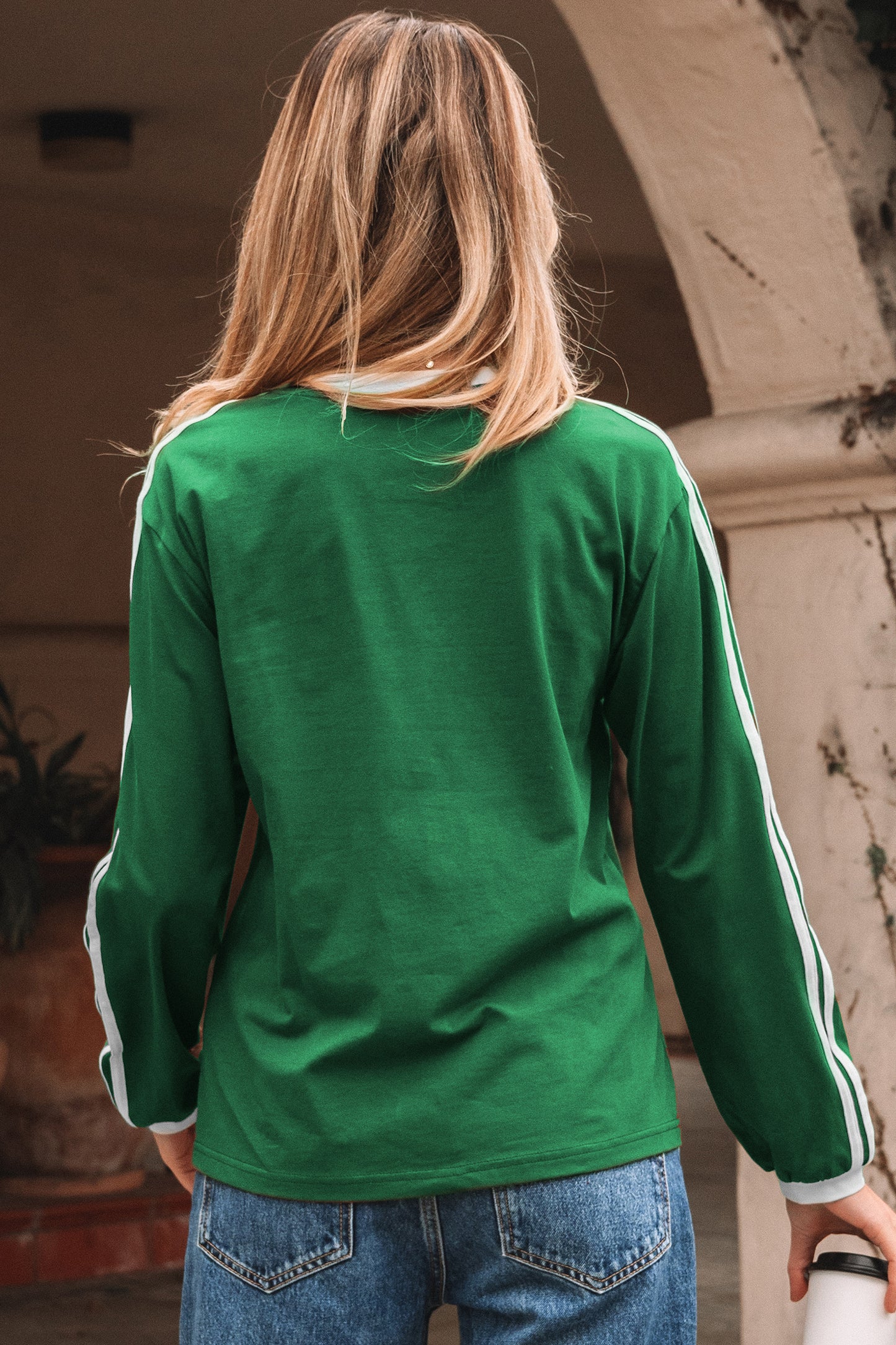 Bright Green Varsity Striped Accent Contrast Crew Neck Long Sleeve T Shirt-Tops/Long Sleeve Tops-[Adult]-[Female]-2022 Online Blue Zone Planet
