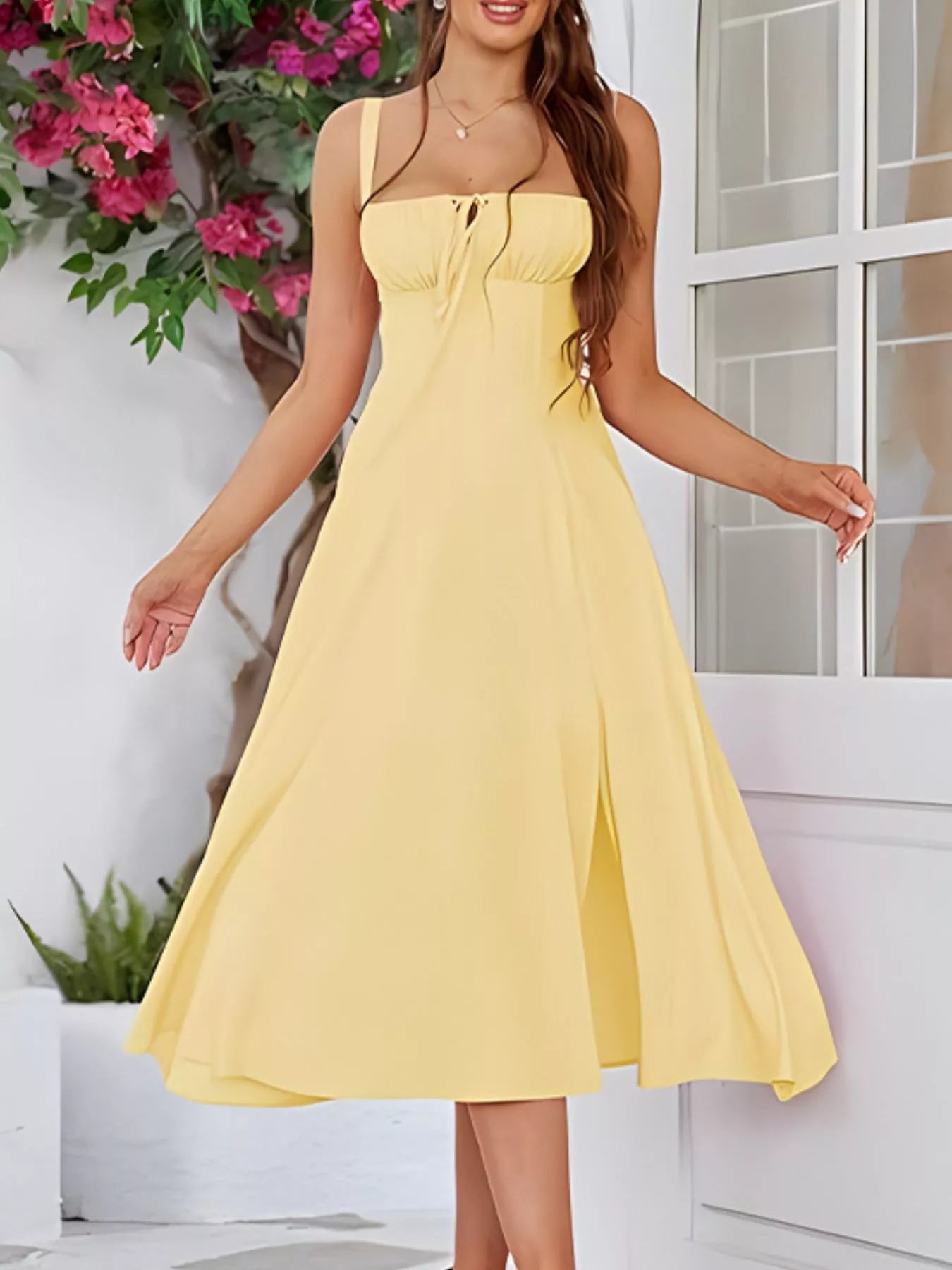 Tie-Front A-Line Midi Dress Yellow / M Tie-Front A-Line Midi Dress Yellow / M