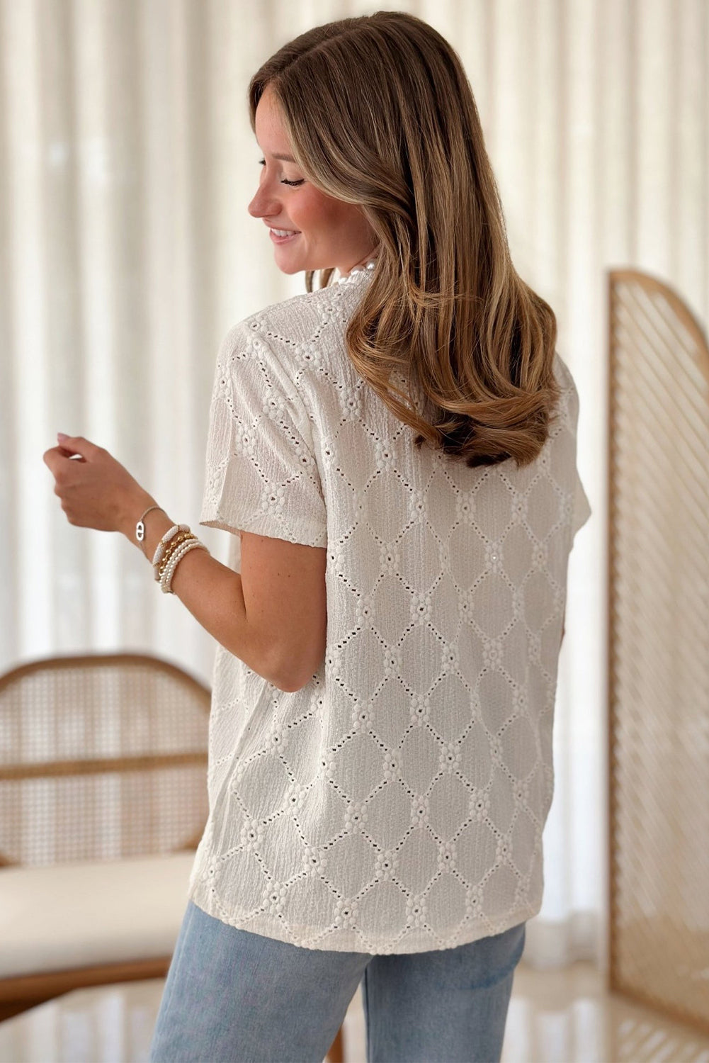 White Geometric Embroidered Slim Fit O Neck T Shirt-Tops/Tops & Tees-[Adult]-[Female]-2022 Online Blue Zone Planet