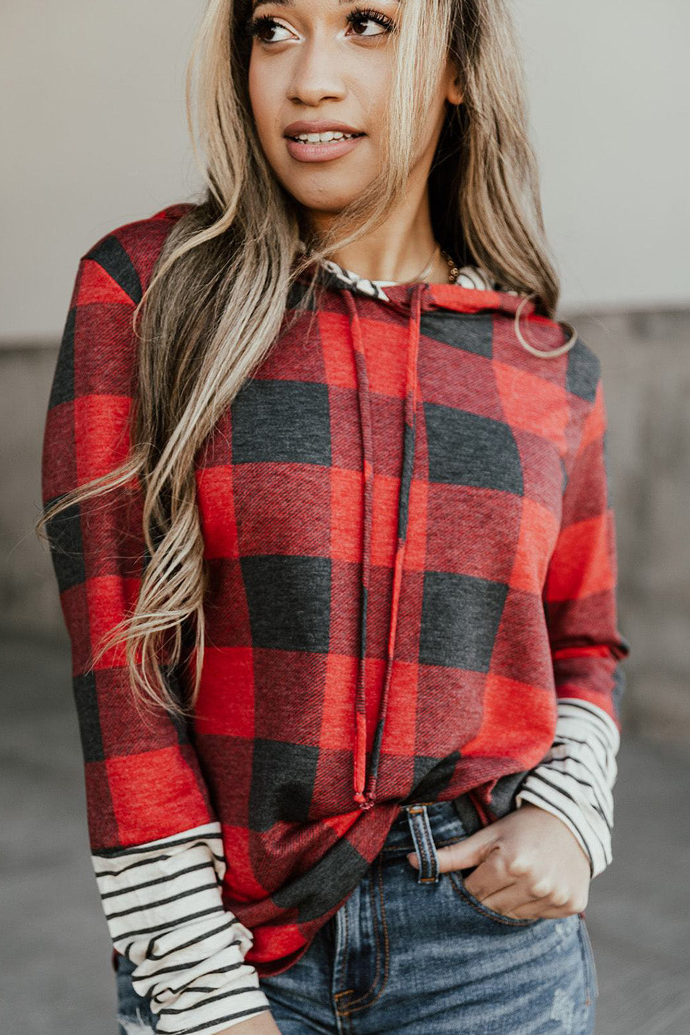 Fiery Red Christmas Plaid Striped Patchwork Drawstring Hoodie-Tops/Sweatshirts & Hoodies-[Adult]-[Female]-2022 Online Blue Zone Planet