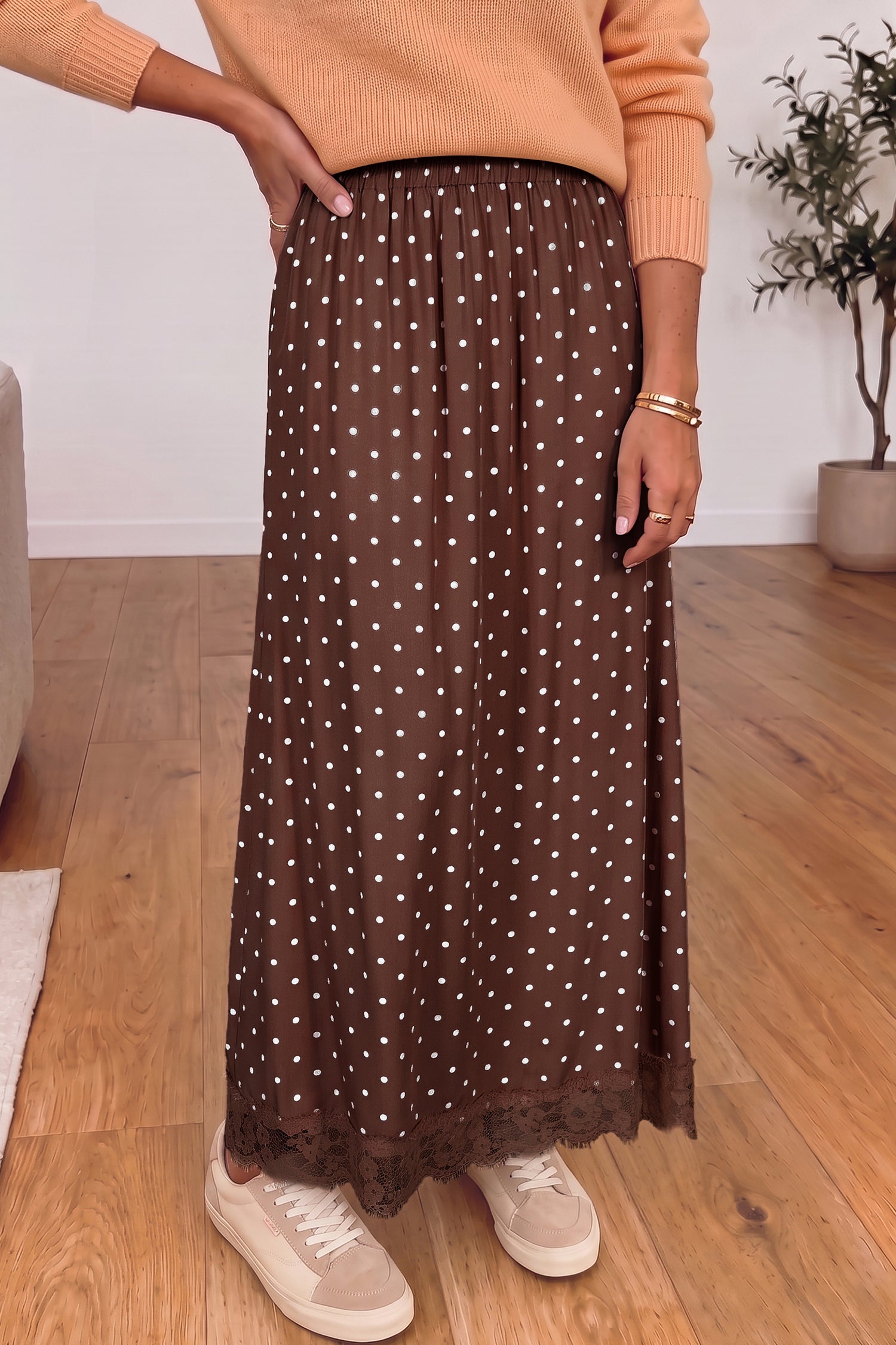 Brown Polka Dot Lace Hem Elegant Long Shift Skirt-Bottoms/Skirts & Petticoat-[Adult]-[Female]-2022 Online Blue Zone Planet