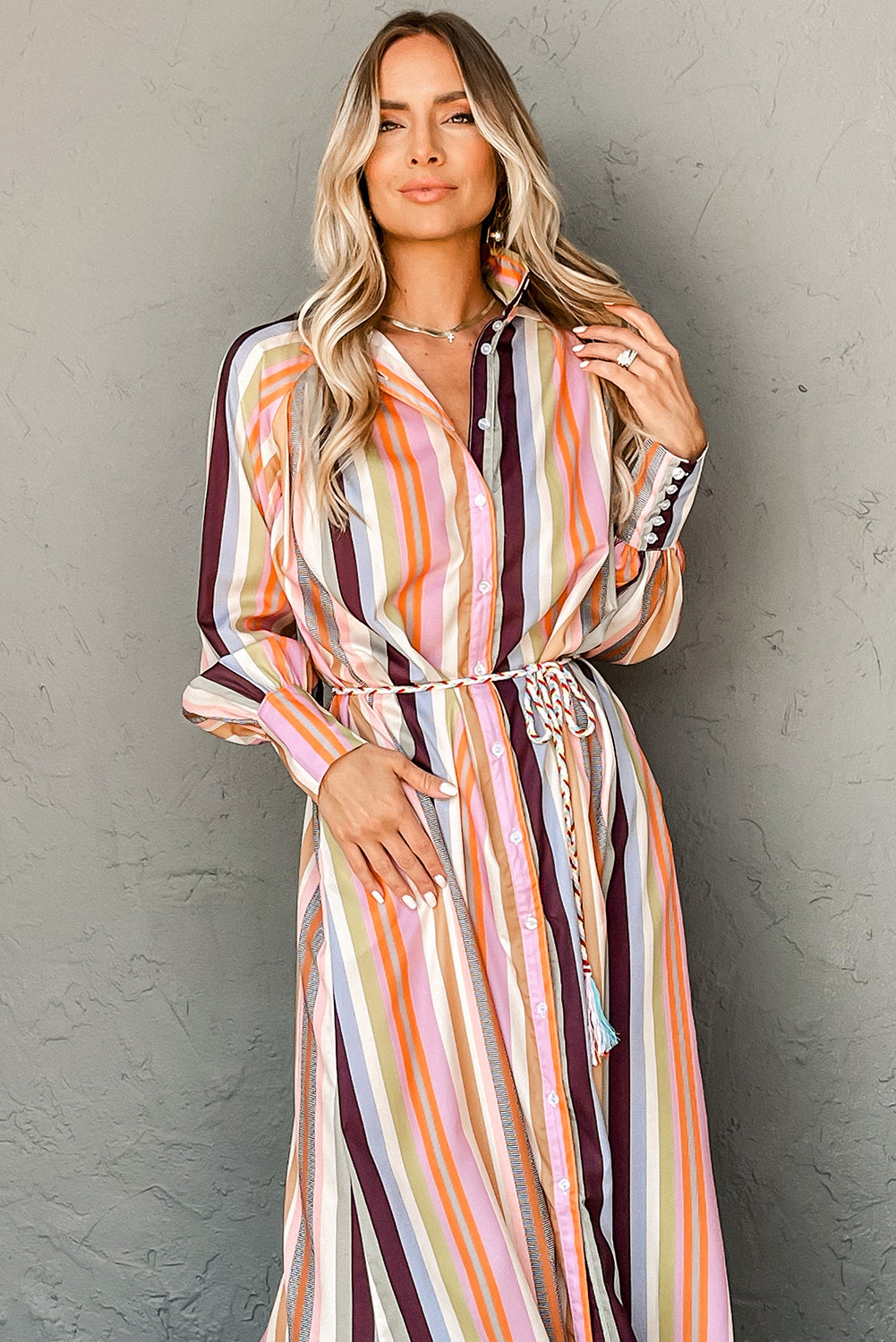 White Colorful Striped Cuffed Sleeve Tassel Tie Maxi Dress-Maxi Dresses-[Adult]-[Female]-2022 Online Blue Zone Planet