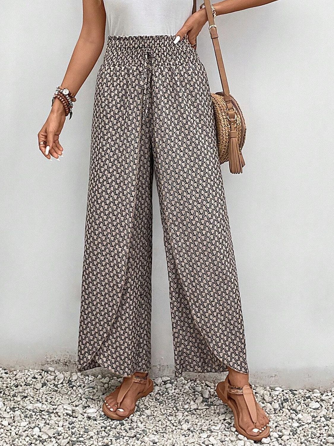 Blue Zone Planet | Tied Printed Wide Leg Pants-BOTTOMS SIZES SMALL MEDIUM LARGE-[Adult]-[Female]-2022 Online Blue Zone Planet