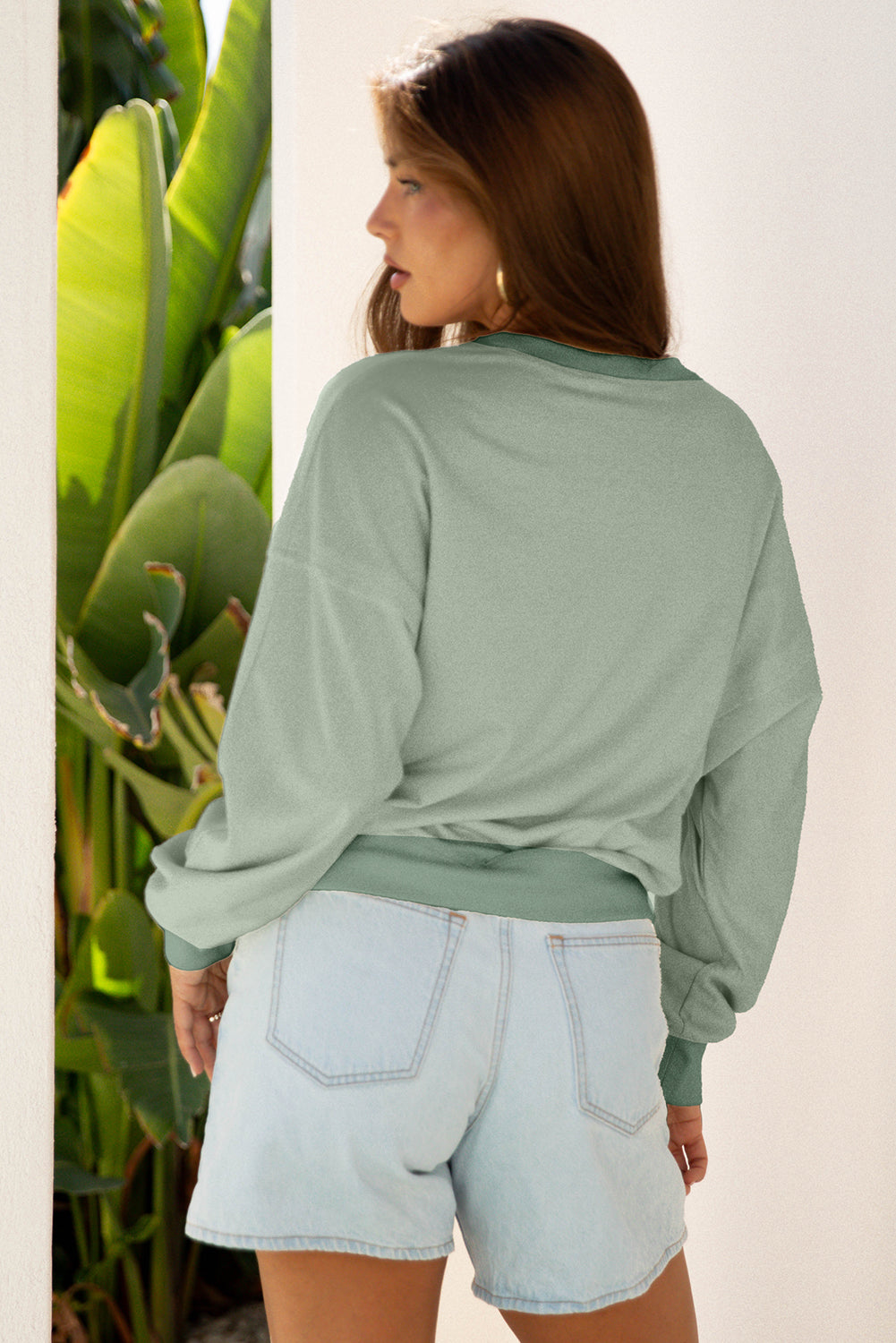 Smoke Green Raw Edge Flower Patch Drop Shoulder Casual Top-Tops/Long Sleeve Tops-[Adult]-[Female]-2022 Online Blue Zone Planet