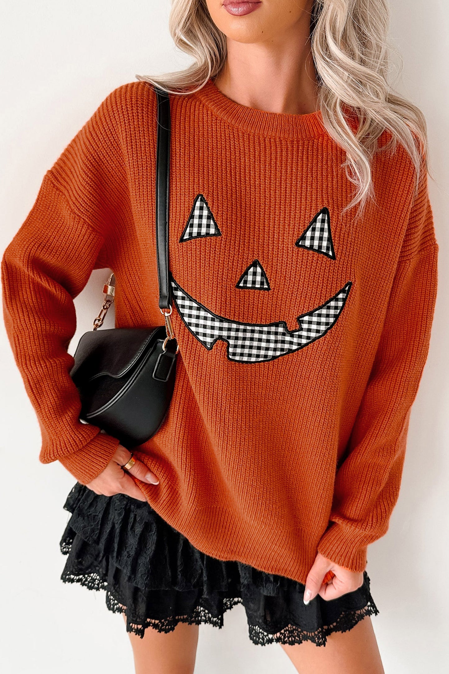 Orange Drop Shoulder Long Sleeve Round Neck Halloween Sweater