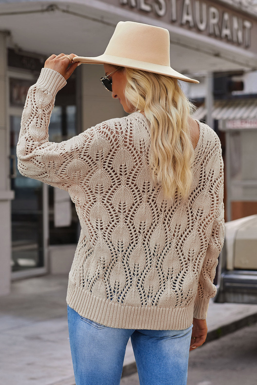 Apricot Crochet Knit Ribbed Hem Hollow-out Sweater-Sweaters & Cardigans/Sweaters-[Adult]-[Female]-2022 Online Blue Zone Planet