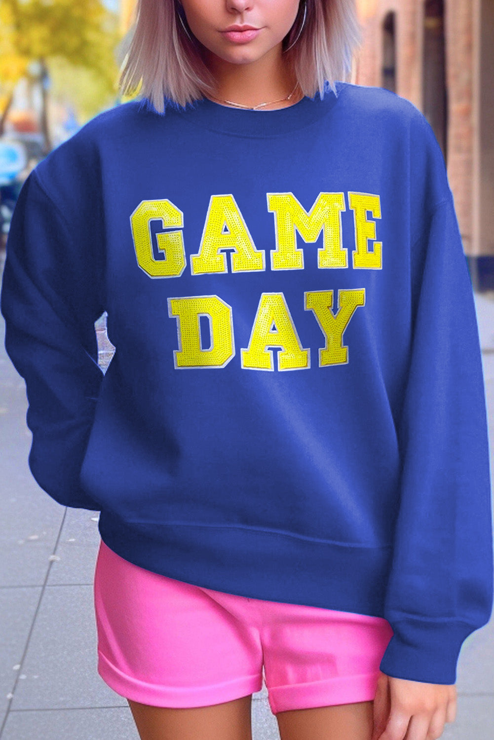 Dark Blue Game Day Crew Neck Graphic Pullover Sweatshirt-Tops/Sweatshirts & Hoodies-[Adult]-[Female]-Dark Blue-S-2022 Online Blue Zone Planet