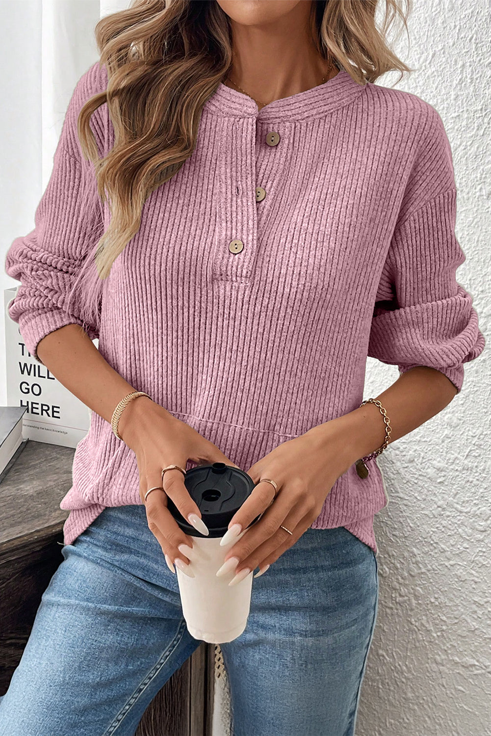 Pink Ribbed Texture Drop Shoulder Henley Knit Top-Tops/Long Sleeve Tops-[Adult]-[Female]-Pink-S-2022 Online Blue Zone Planet
