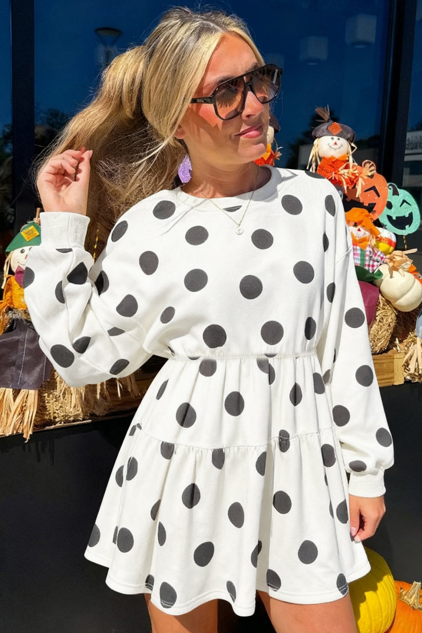 Polka Dot Long Sleeve Flared Mini Dress Pink / M Polka Dot Long Sleeve Flared Mini Dress Pink / M