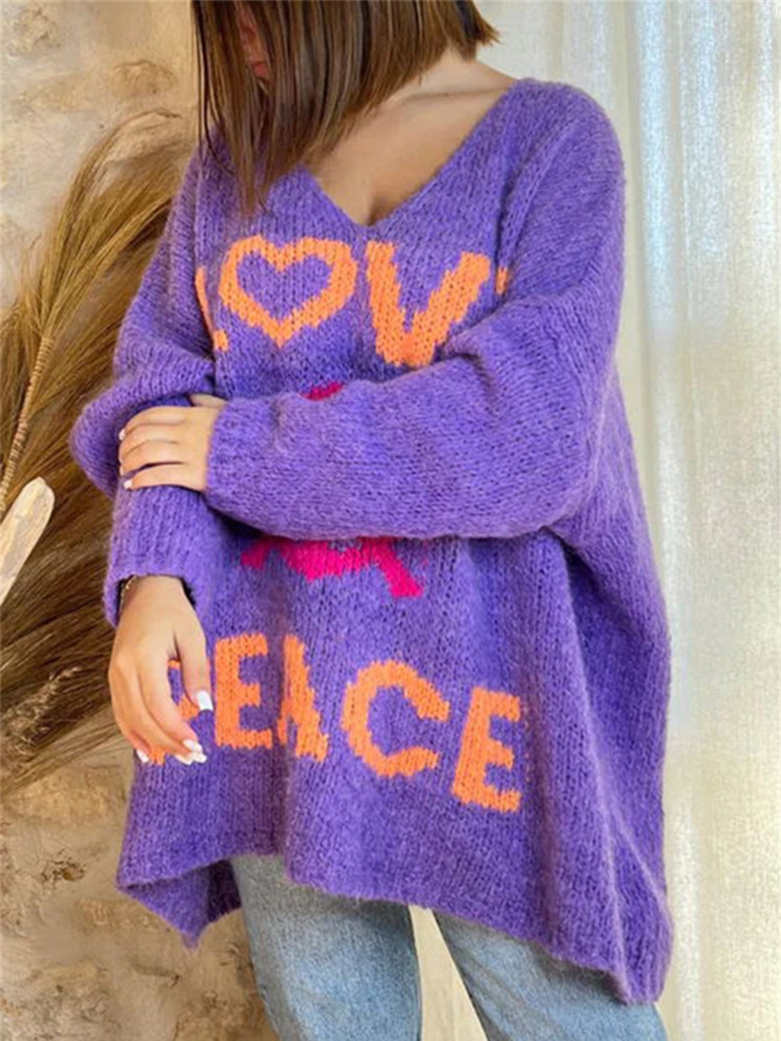 Peace Graphic V-Neck Long Sleeve Sweater-TOPS / DRESSES-[Adult]-[Female]-2022 Online Blue Zone Planet