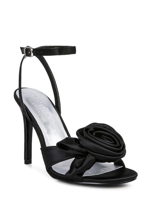 Blue Zone Planet | Anna's CHAUMET 3D Rose Bow Satin Heeled Sandals-TOPS / DRESSES-[Adult]-[Female]-Black-9-2022 Online Blue Zone Planet