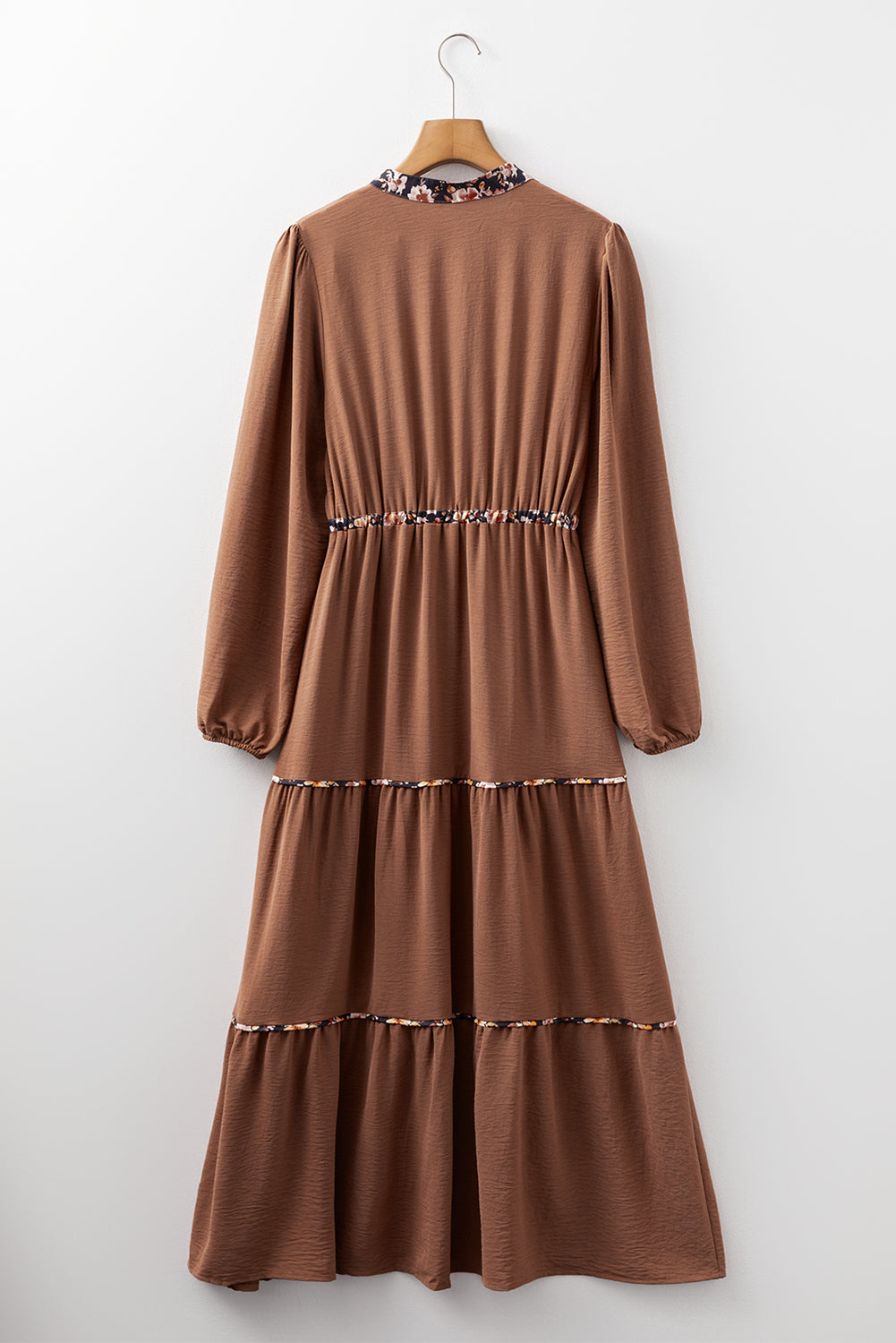 Chestnut Floral Patchwork Detail Notched Neck Long Sleeve Maxi Dress-TOPS / DRESSES-[Adult]-[Female]-2022 Online Blue Zone Planet