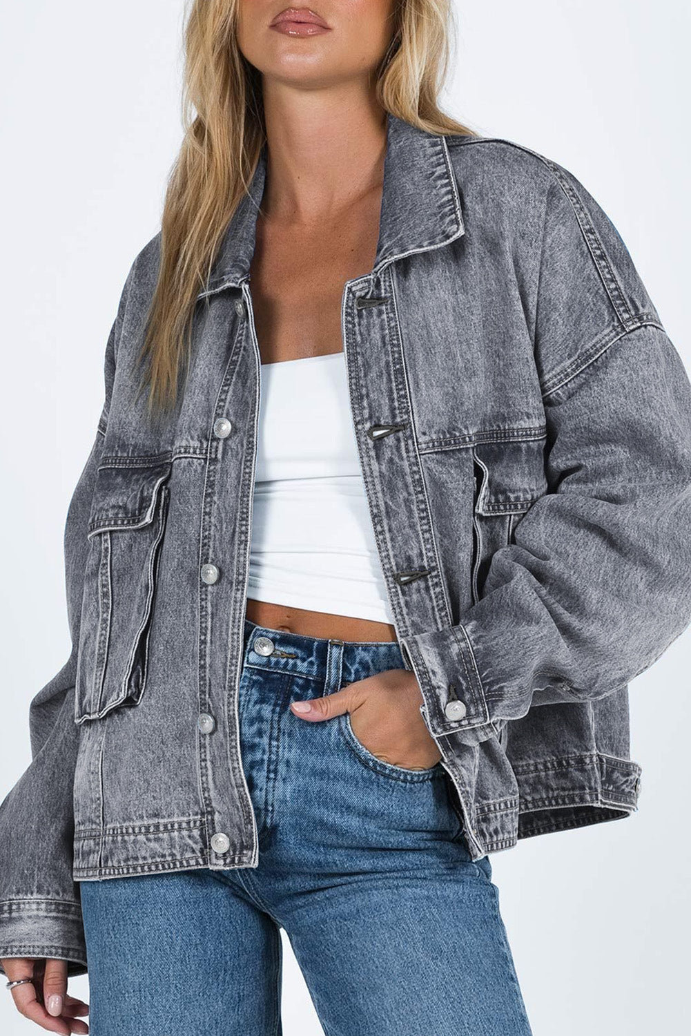 Blue Zone Planet | Gray Chest Pockets Drop Shoulder Loose Denim Jacket-Outerwear/Denim jackets-[Adult]-[Female]-Gray-S-2022 Online Blue Zone Planet