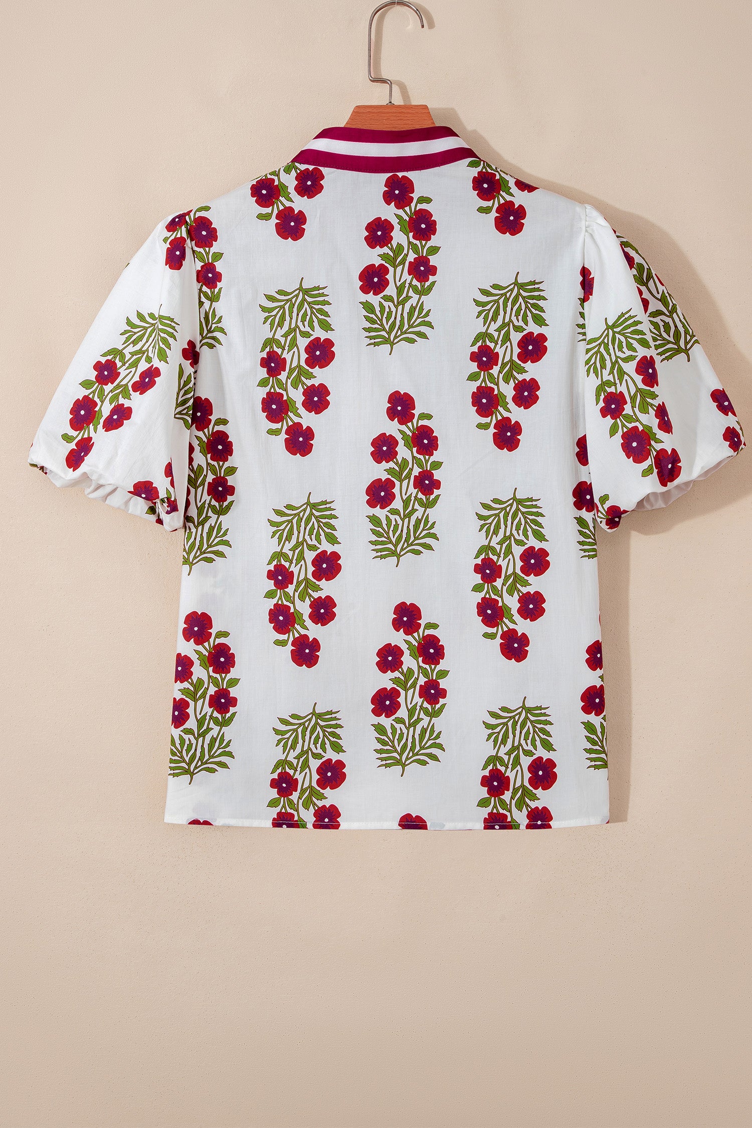 White Floral Short Bubble Sleeve Contrast Slit Neckline Blouse-Tops/Blouses & Shirts-[Adult]-[Female]-2022 Online Blue Zone Planet