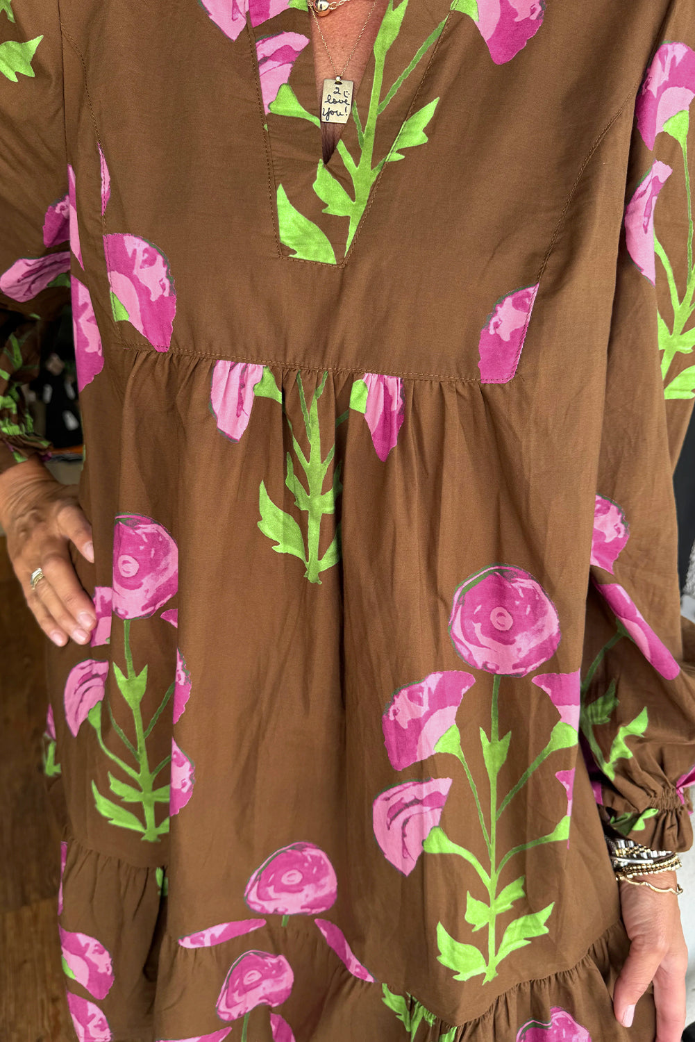 Brown Contrast Floral Print Babydoll Tunic Ruffled Hem Puff Sleeve Dress-Dresses/Floral Dresses-[Adult]-[Female]-2022 Online Blue Zone Planet