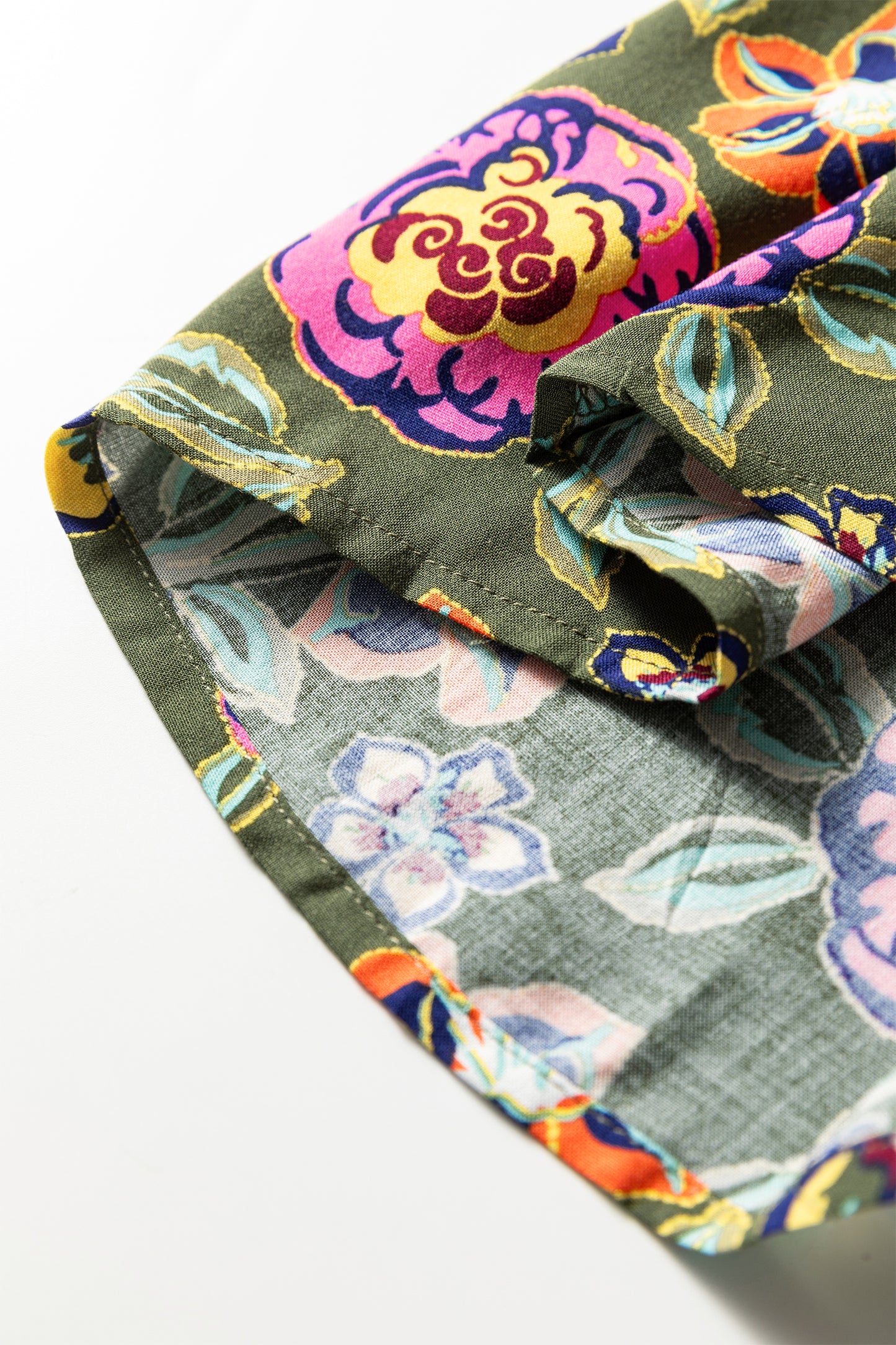 Green Plus Size Floral Print Collared V Neck Loose Mini Dress-TOPS / DRESSES-[Adult]-[Female]-2022 Online Blue Zone Planet