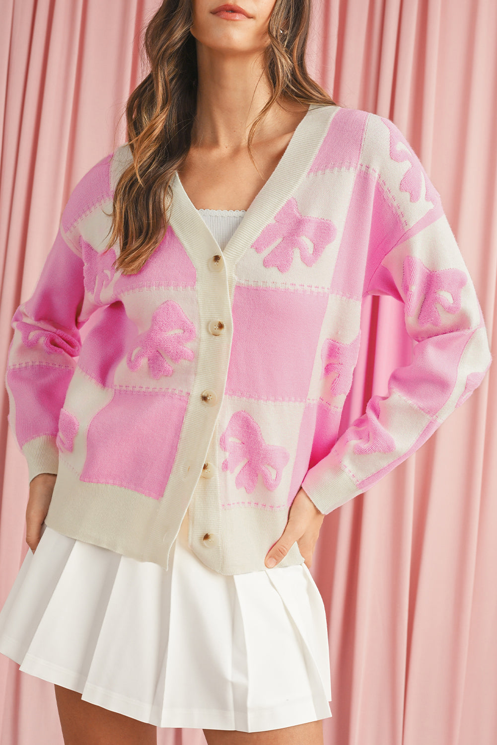 Blue Zone Planet | Pink Bowknot and Checkered Drop Shoulder Cardigan-Cardigans-[Adult]-[Female]-2022 Online Blue Zone Planet