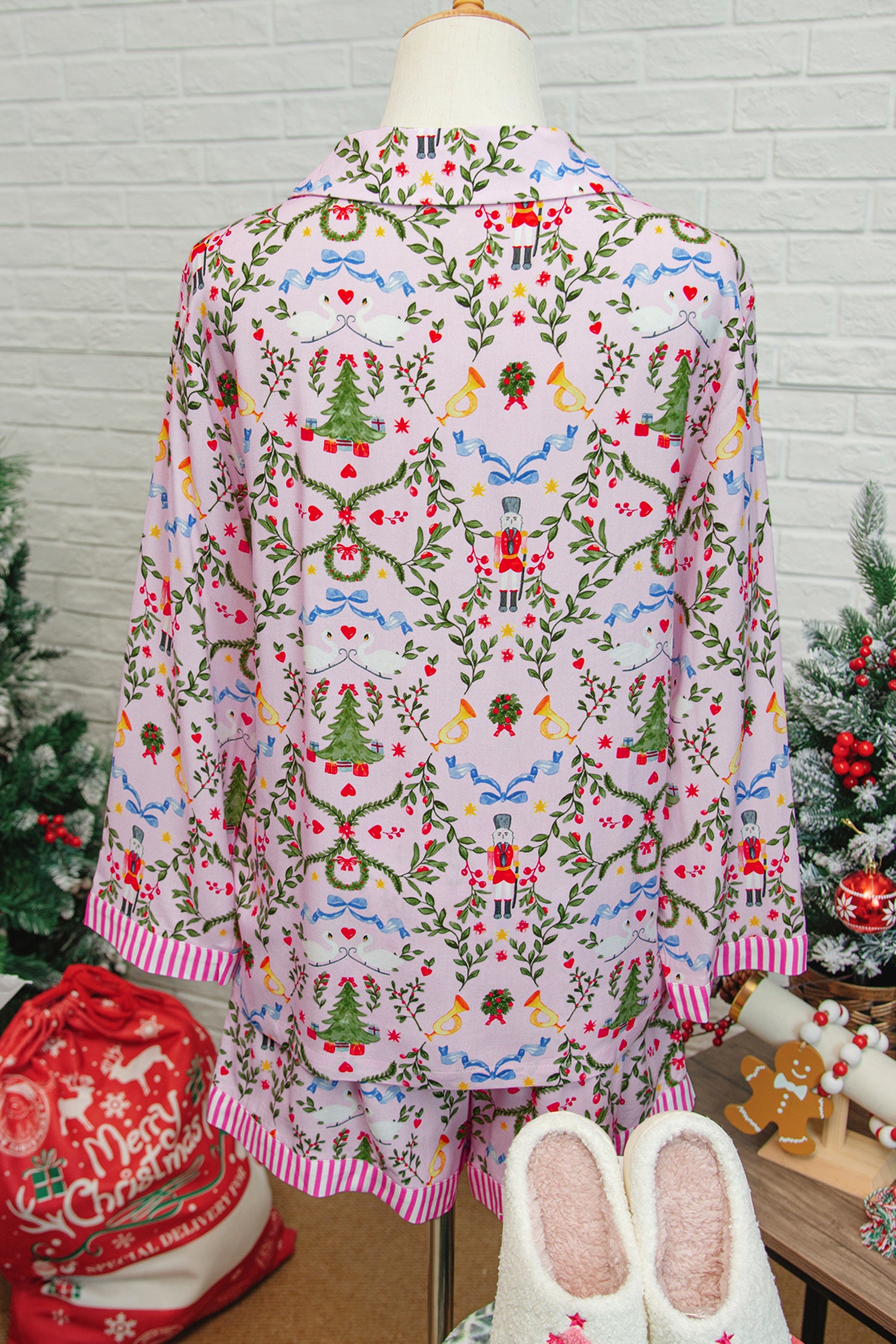 Pink Christmas Holiday Print Nutcracker Long Sleeve Shorts 2pcs Pajama Set-Loungewear & Sleepwear/Sleepwear-[Adult]-[Female]-2022 Online Blue Zone Planet