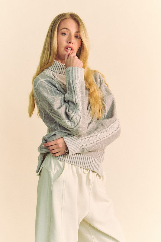 Blue Zone Planet |  Davi & Dani Cable-Knit Turtleneck Dropped Shoulder Sweater