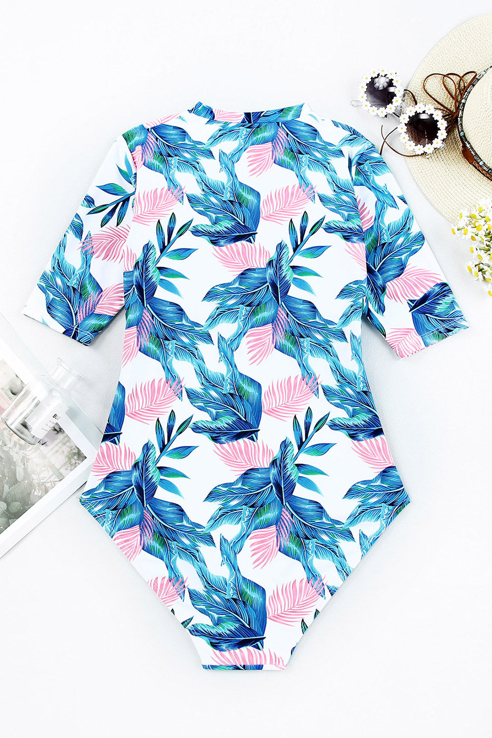 Blue Plant Print Zip Front Half Sleeve One Piece Swimsuit-One-Piece-[Adult]-[Female]-2022 Online Blue Zone Planet