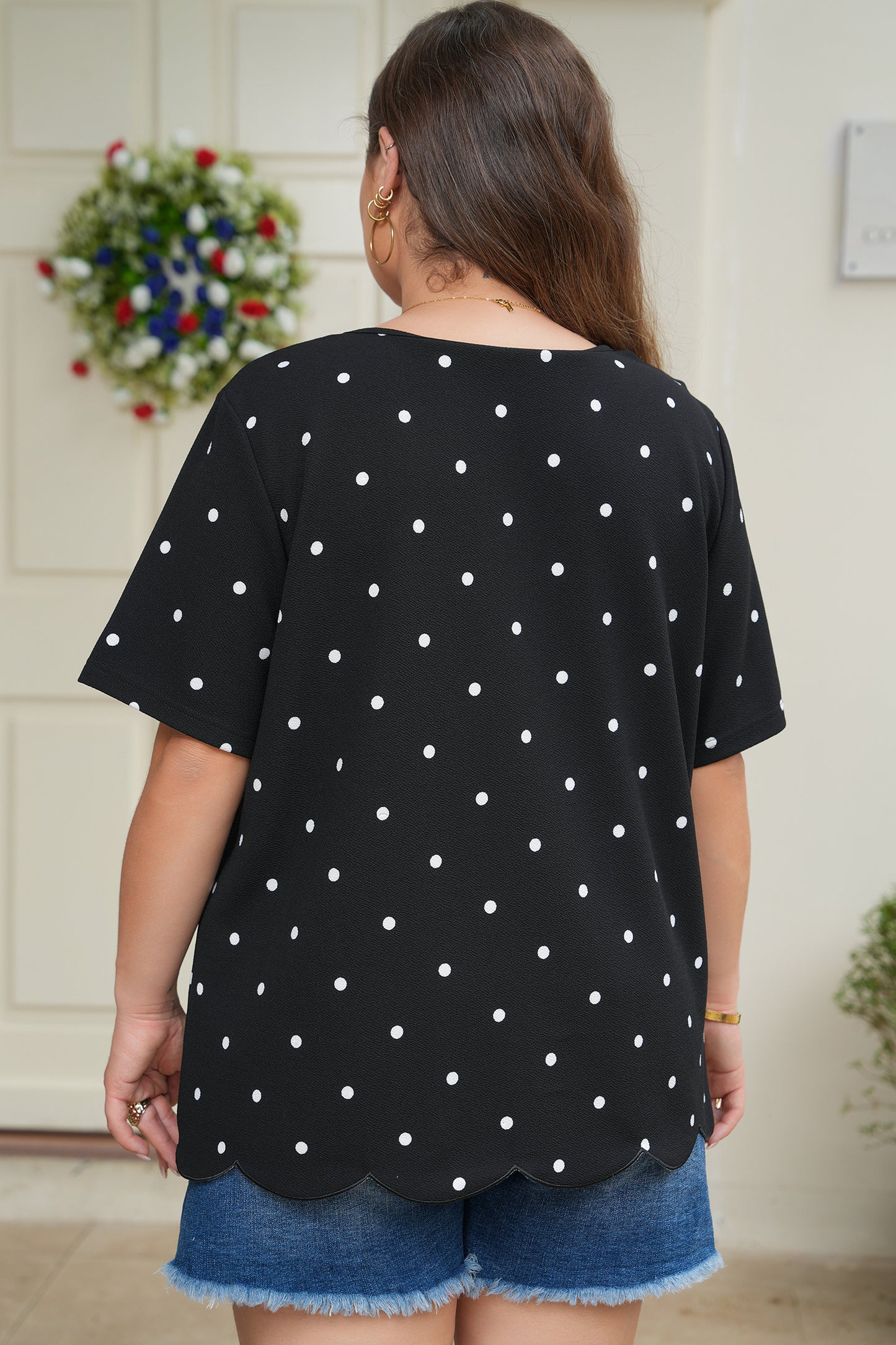 Black Plus Size Dotted Casual T Shirt-Plus Size/Plus Size Tops/Plus Size Tops & Tees-[Adult]-[Female]-2022 Online Blue Zone Planet