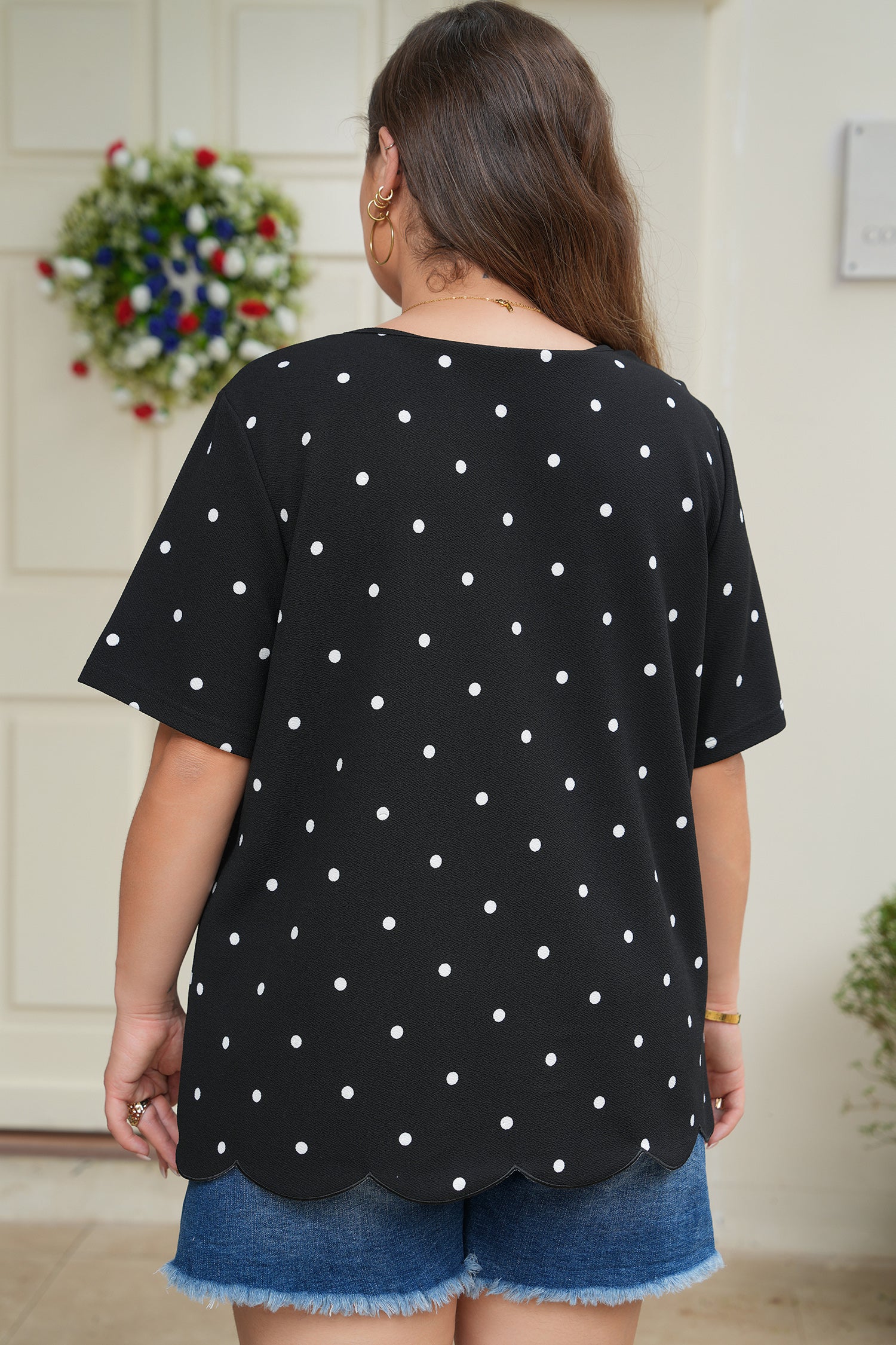Black Plus Size Dotted Casual T Shirt-Plus Size/Plus Size Tops/Plus Size Tops & Tees-[Adult]-[Female]-2022 Online Blue Zone Planet