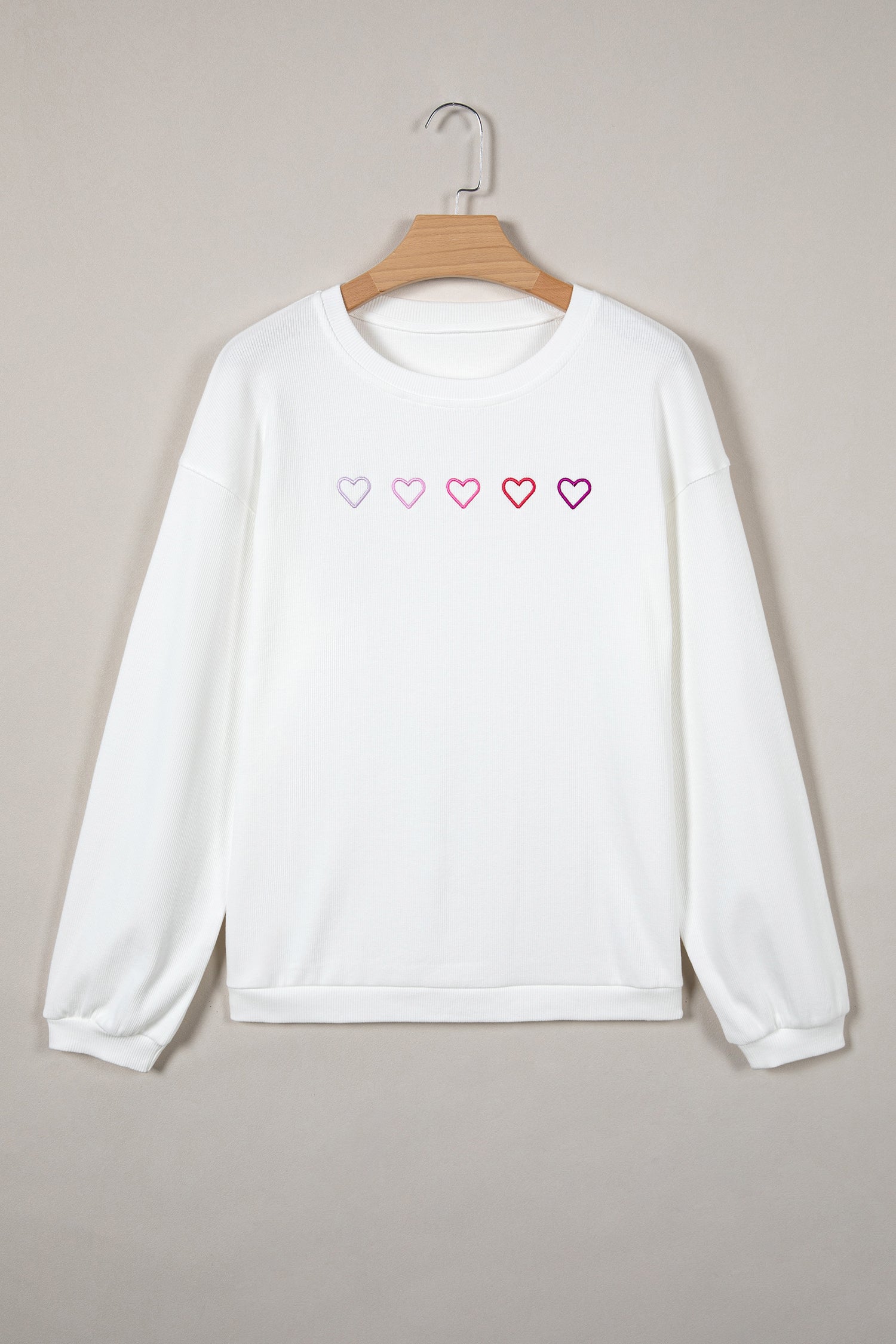White 3d Ribbed XOXO Heart Embroidered Drop Shoulder Sweatshirt-Tops/Sweatshirts & Hoodies-[Adult]-[Female]-2022 Online Blue Zone Planet