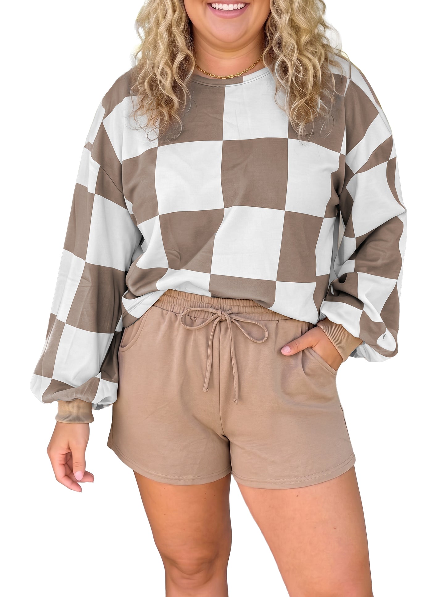 Khaki Checkered Contrast Long Sleeve Top Solid Shorts Plus Size 2pcs Set-Plus Size/Plus Size Loungewear-[Adult]-[Female]-2022 Online Blue Zone Planet