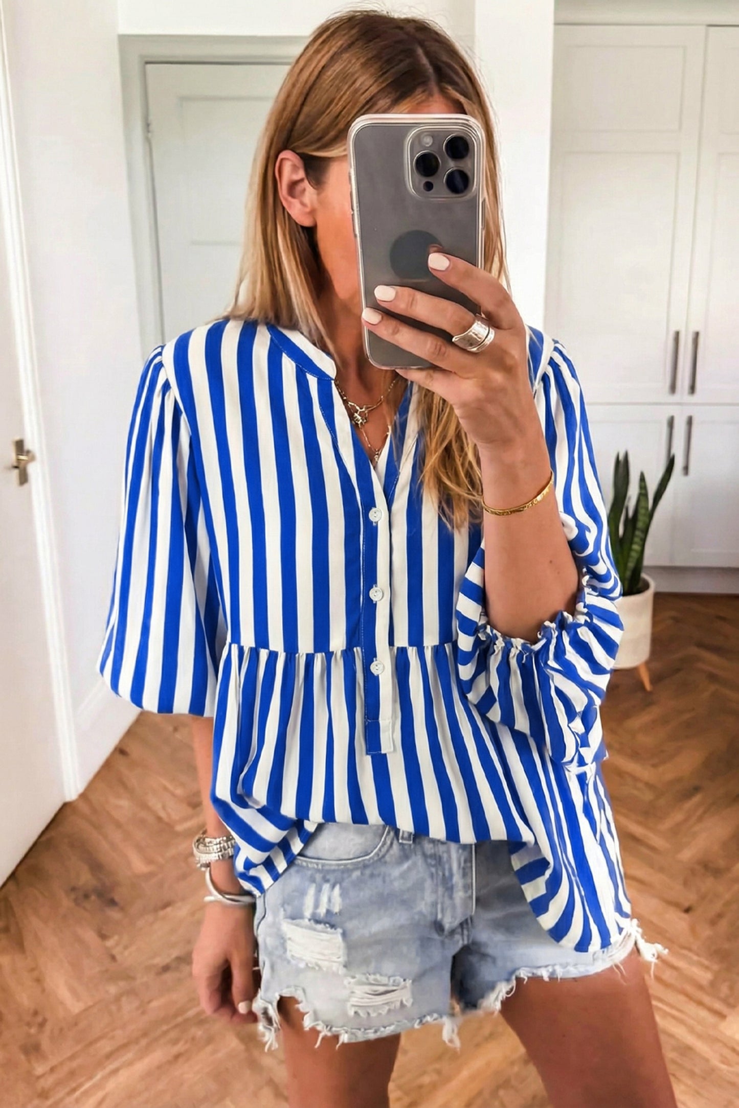 Sky Blue Stripe Balloon Sleeve Loose Button up Shirt-Tops/Blouses & Shirts-[Adult]-[Female]-2022 Online Blue Zone Planet