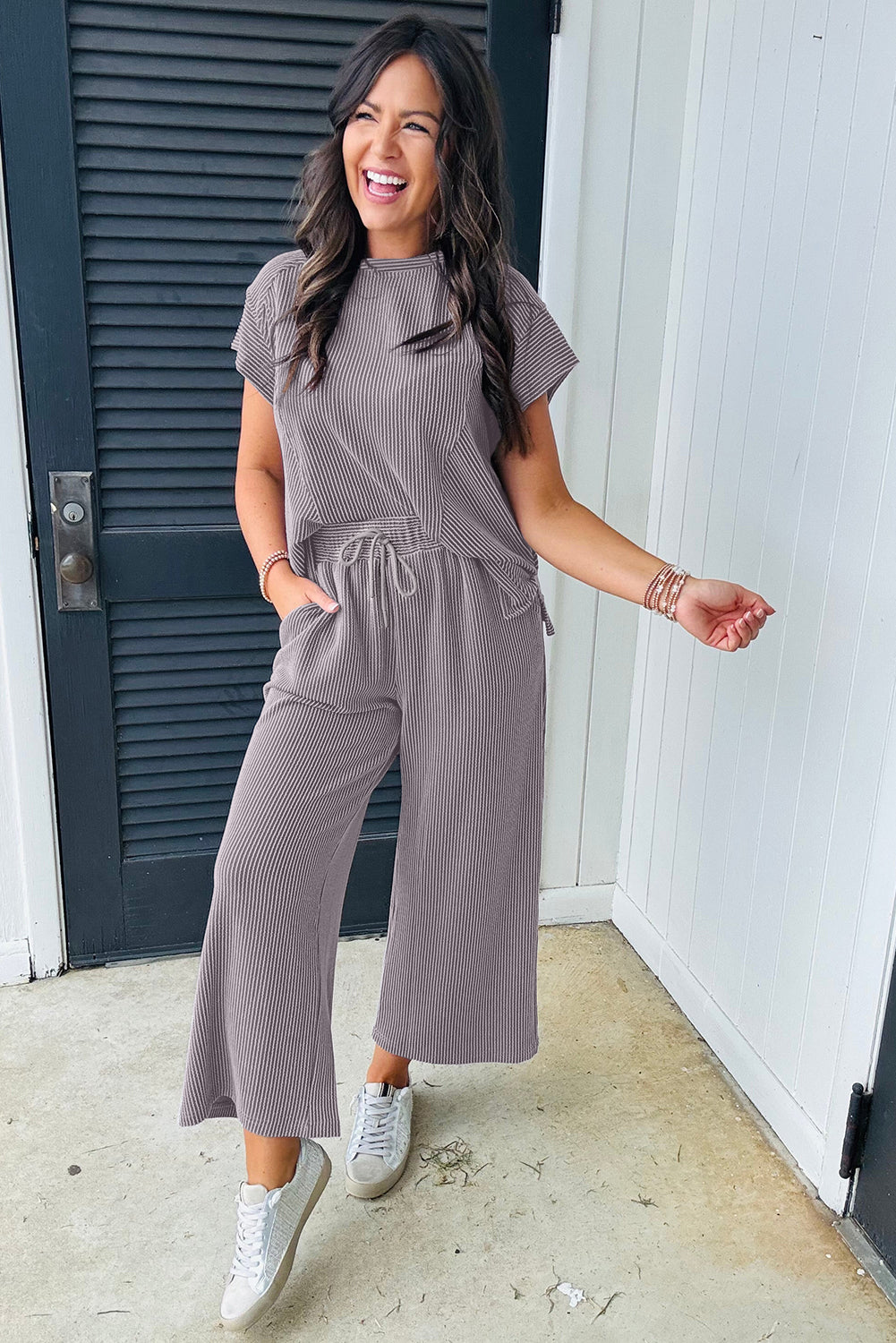 Blue Zone Planet | Wild Wind Solid Corded Knit Short Sleeve T Shirt and Wide Leg Pants Set-Two Piece Sets/Pant Sets-[Adult]-[Female]-2022 Online Blue Zone Planet