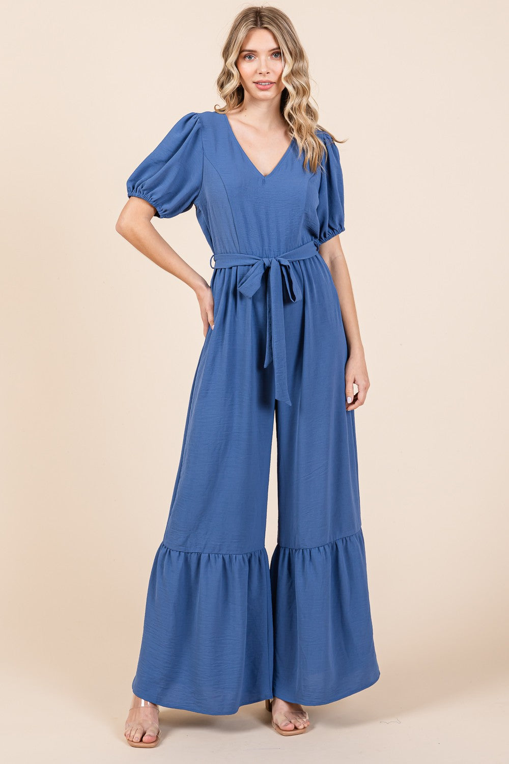 GeeGee Full Size V-Neck Belted Wide Leg Jumpsuit-TOPS / DRESSES-[Adult]-[Female]-Denim Blue-S-2022 Online Blue Zone Planet