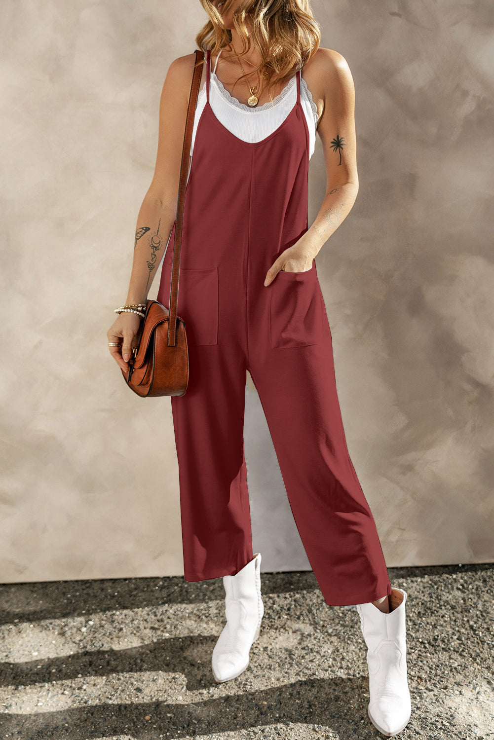 Pocketed Spaghetti Strap Wide Leg Jumpsuit-TOPS / DRESSES-[Adult]-[Female]-Burgundy-S-2022 Online Blue Zone Planet