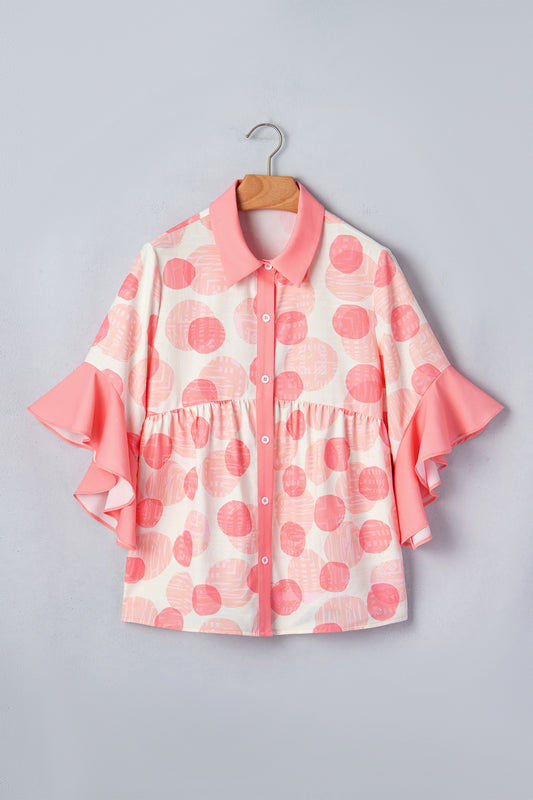 Pink Double Polka Dot Printed Ruffle Trim Short Sleeve Babydoll Shirt-Tops/Blouses & Shirts-[Adult]-[Female]-2022 Online Blue Zone Planet