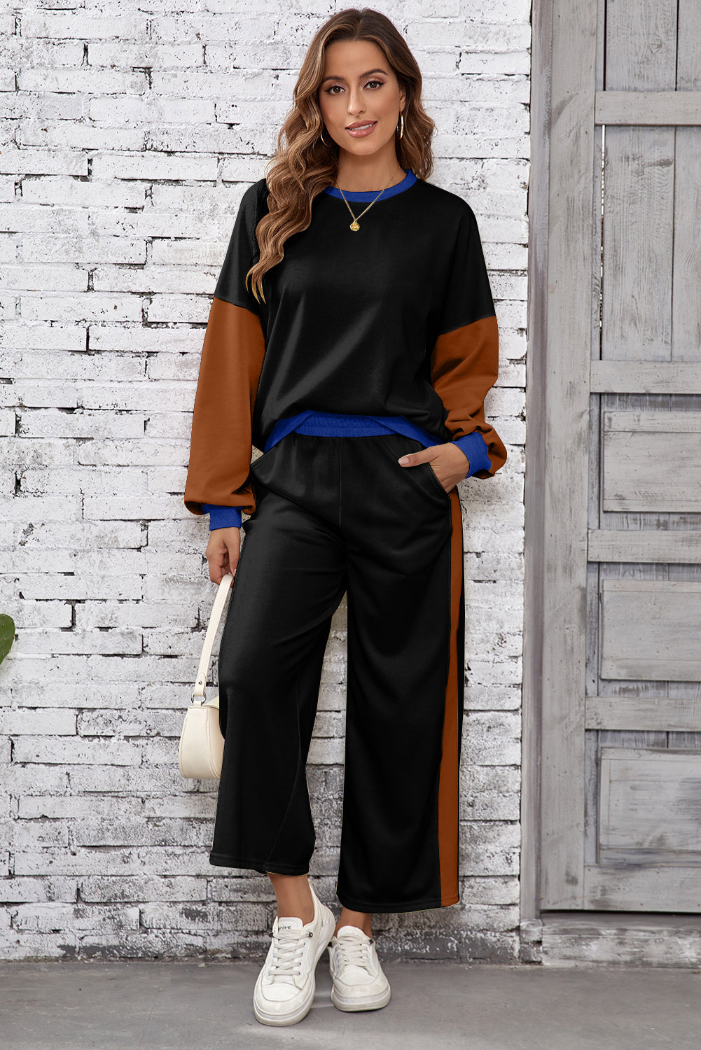 Chestnut 2pcs Color Block Pullover Loose Pant Set-Two Piece Sets/Pant Sets-[Adult]-[Female]-2022 Online Blue Zone Planet