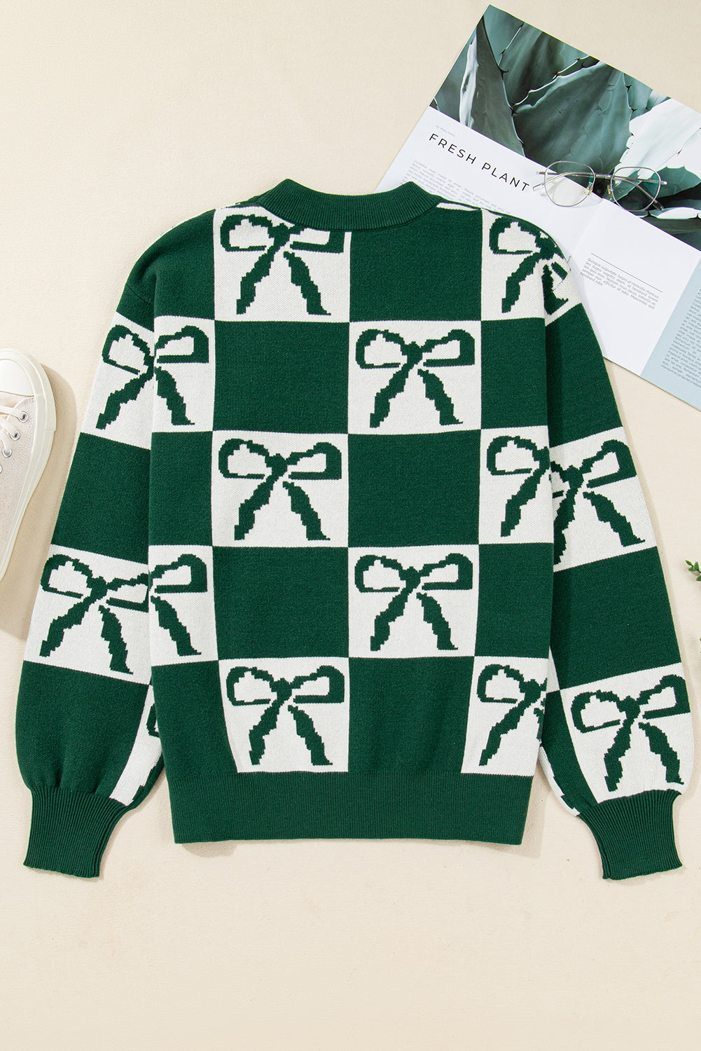 Blackish Green Checkered Bow Print Casual Sweater-TOPS / DRESSES-[Adult]-[Female]-2022 Online Blue Zone Planet