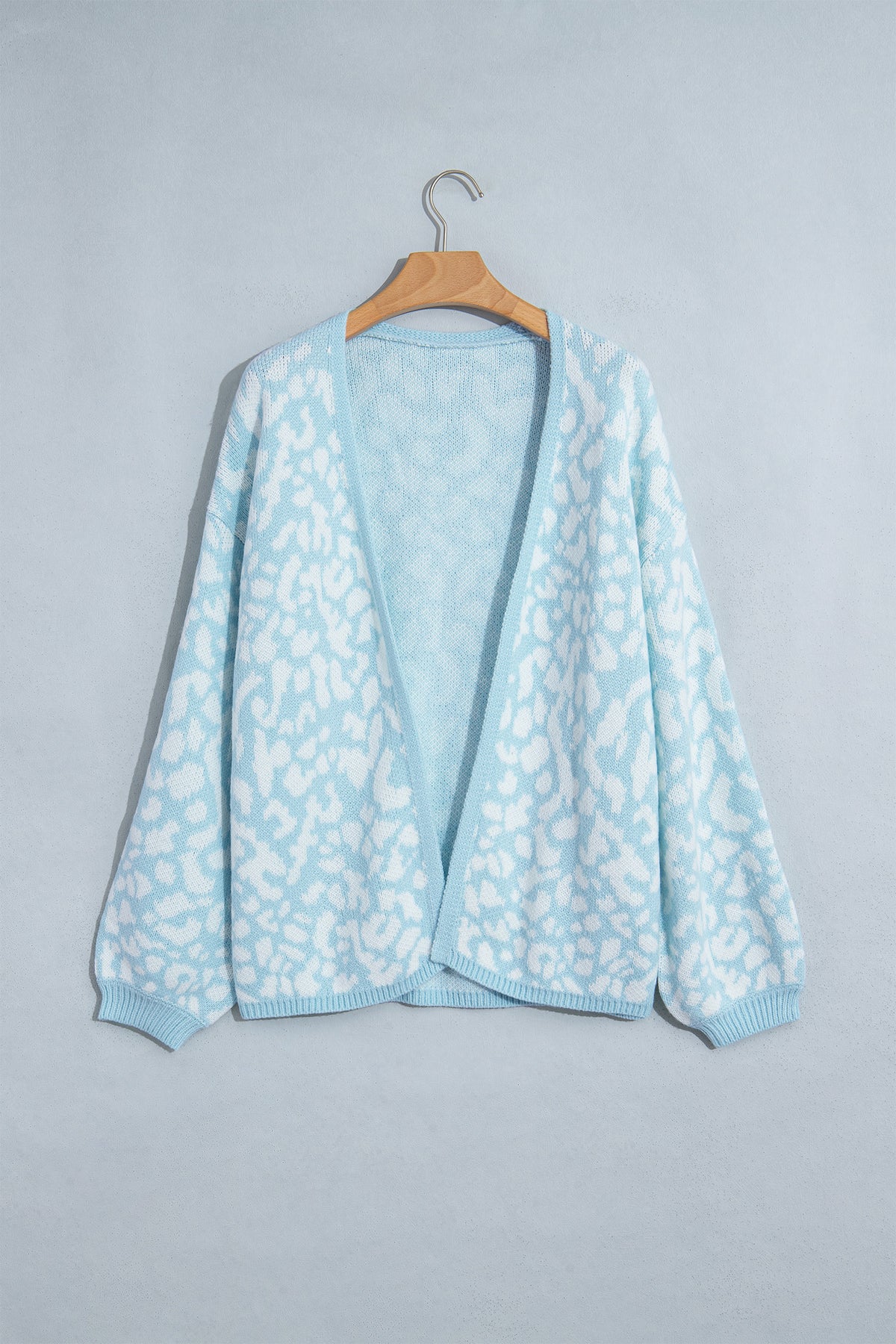 Light Blue Leopard Print V Neck Long Sleeve Loose Fit Knit Cardigan-Sweaters & Cardigans/Cardigans-[Adult]-[Female]-2022 Online Blue Zone Planet