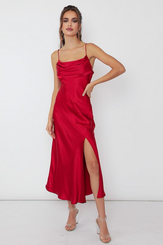 Satin Side Slit Midi Dress-[Adult]-[Female]-WINE-S-2022 Online Blue Zone Planet