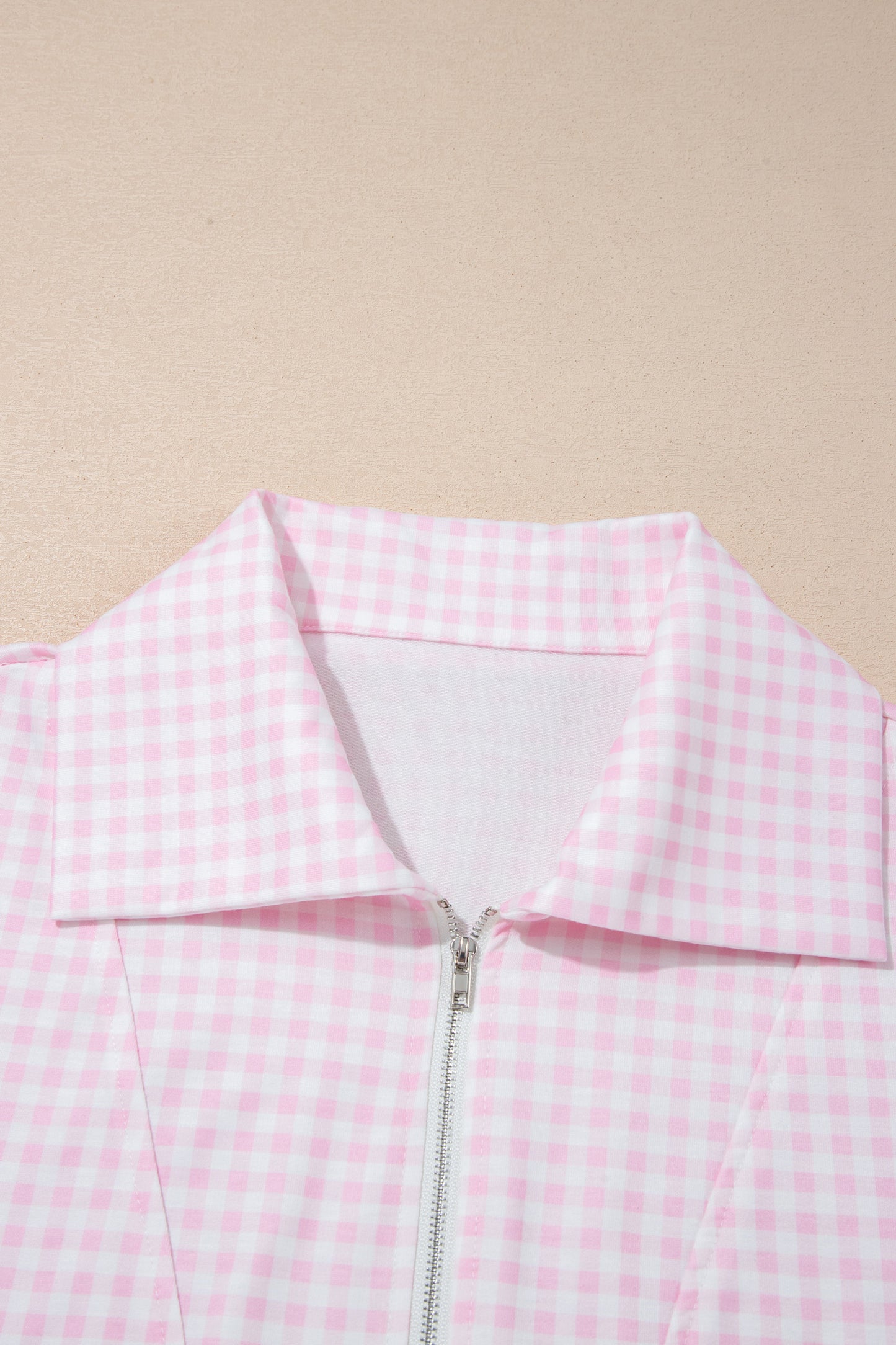 Pink Plaid Zip Neck Sleeveless Top Elastic Waist Shorts Casual Two Piece Short Set-Two Piece Sets/Short Sets-[Adult]-[Female]-2022 Online Blue Zone Planet